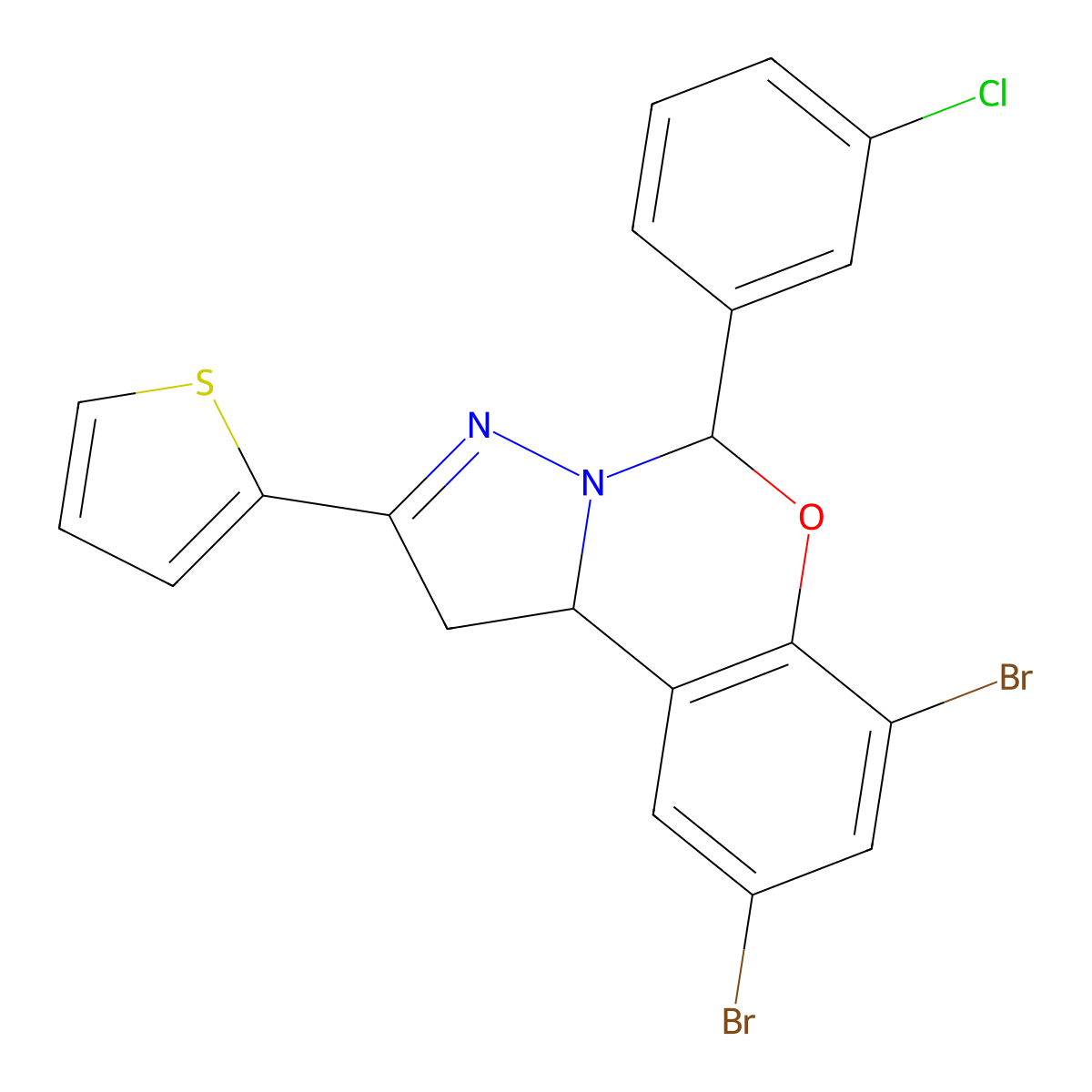 7,9-Dibromo-5-(3-chlorophenyl)-2-(thiophen-2-yl)-1,10b-dihydropyrazolo[1,5-c][1,3]benzoxazine molecular structure, CAS 637321-28-9