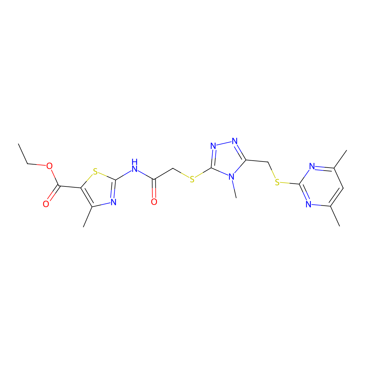 ethyl 2-(2-((5-(((4,6-dimethylpyrimidin-2-yl)thio)methyl)-4-methyl-4H-1,2,4-triazol-3-yl)thio)acetamido)-4-methylthiazole-5-carboxylate molecular structure, CAS 637321-29-0