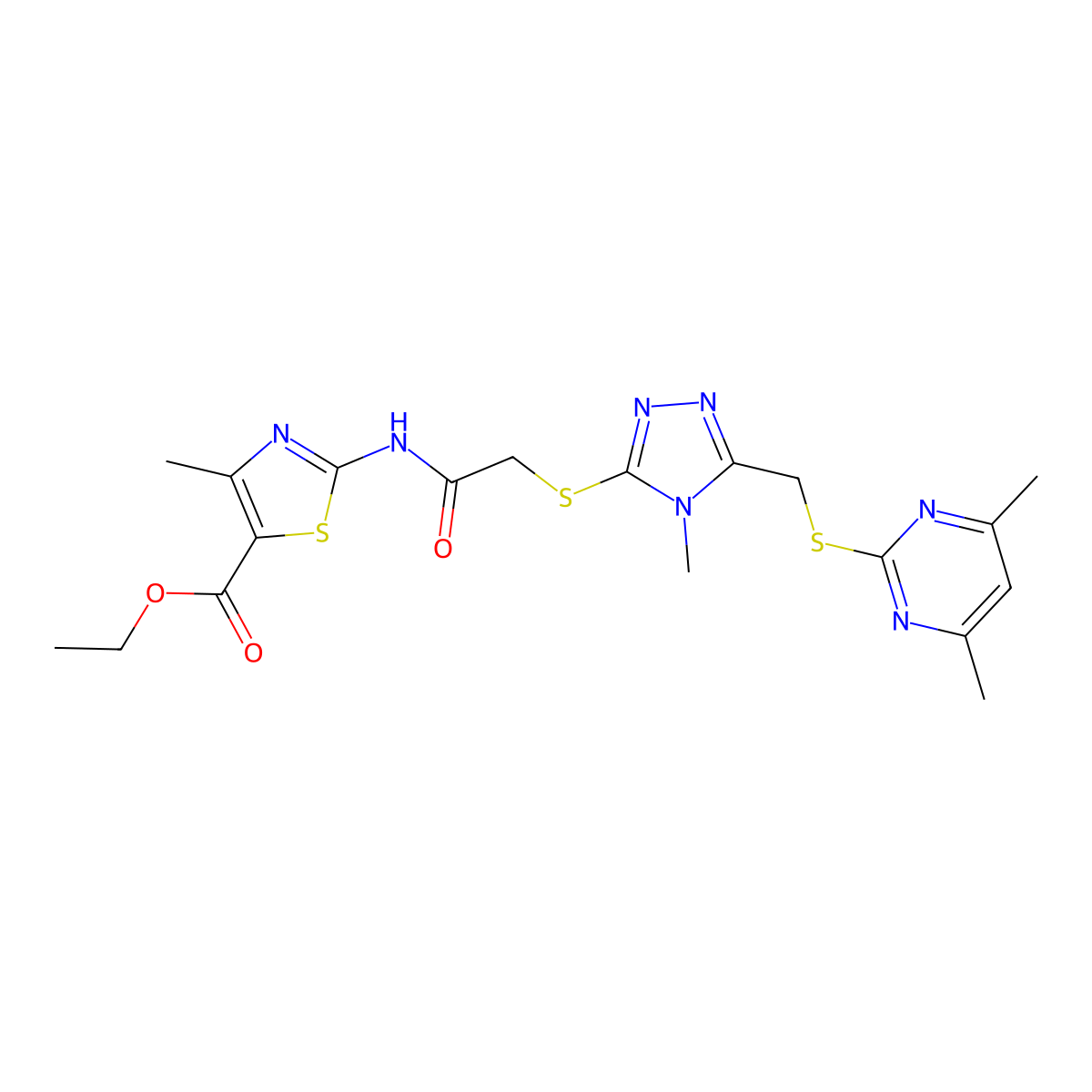 ethyl 2-(2-((5-(((4,6-dimethylpyrimidin-2-yl)thio)methyl)-4-methyl-4H-1,2,4-triazol-3-yl)thio)acetamido)-4-methylthiazole-5-carboxylate molecular structure, CAS 637321-29-0