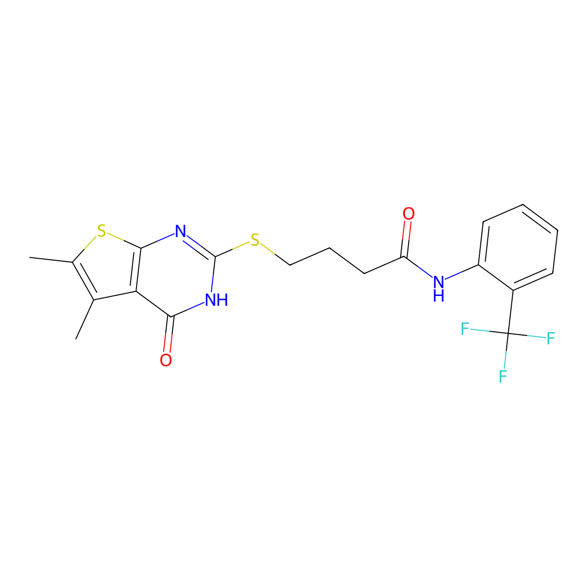 4-((5,6-dimethyl-4-oxo-3,4-dihydrothieno[2,3-d]pyrimidin-2-yl)thio)-N-(2-(trifluoromethyl)phenyl)butanamide molecular structure, CAS 637321-31-4