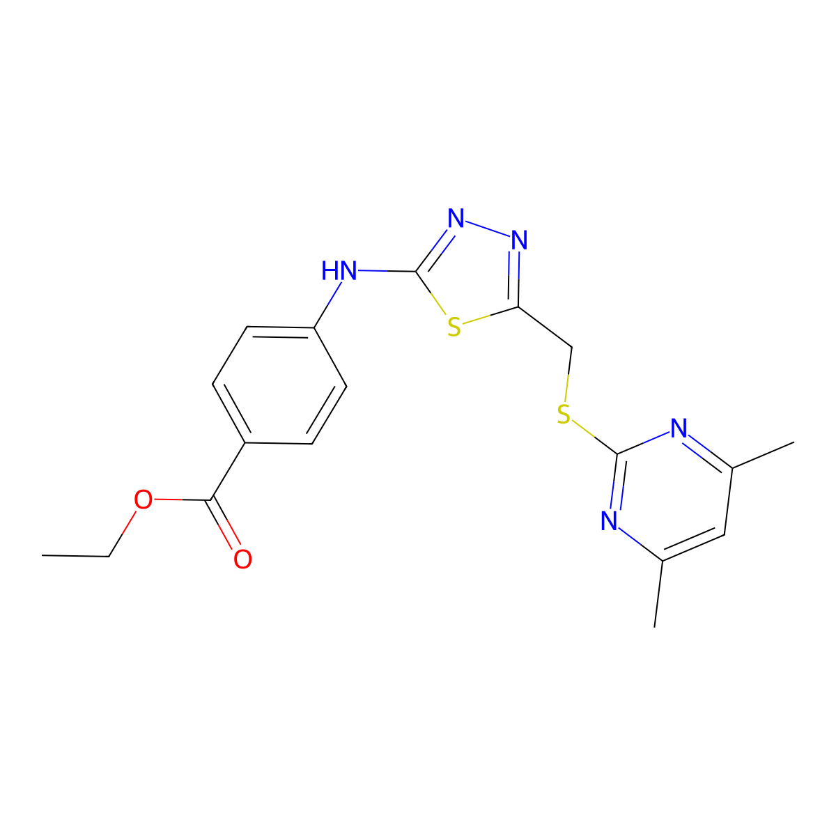 Ethyl 4-[(5-{[(4,6-dimethylpyrimidin-2-yl)sulfanyl]methyl}-1,3,4-thiadiazol-2-yl)amino]benzoate molecular structure, CAS 637321-36-9