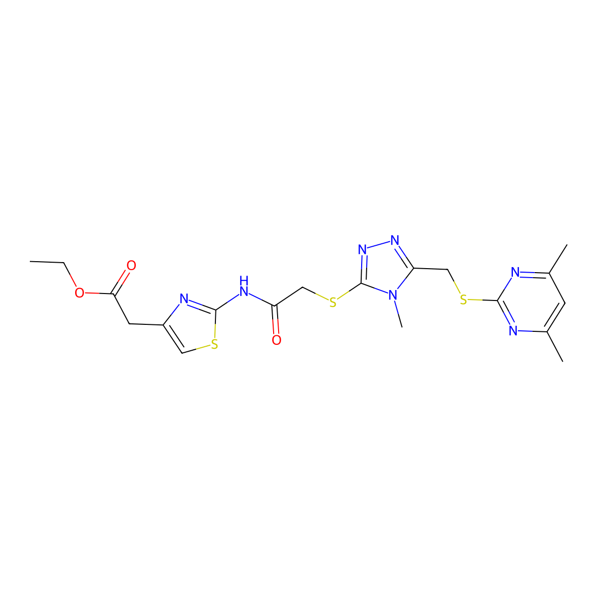 Ethyl 2-[2-[[2-[[5-[(4,6-dimethylpyrimidin-2-yl)sulfanylmethyl]-4-methyl-1,2,4-triazol-3-yl]sulfanyl]acetyl]amino]-1,3-thiazol-4-yl]acetate molecular structure, CAS 637321-38-1