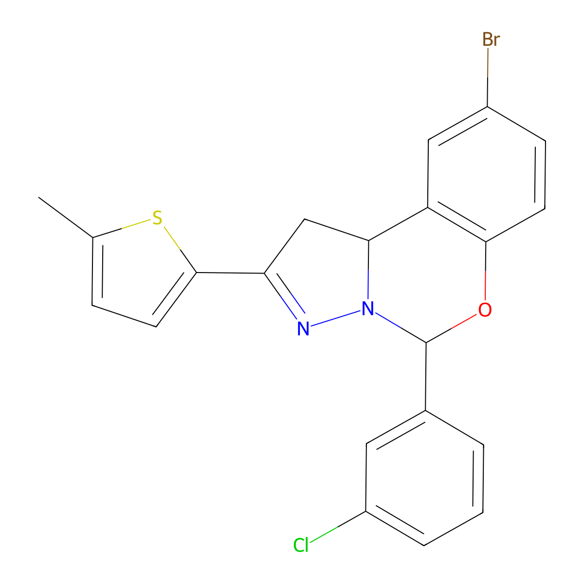 9-Bromo-5-(3-chlorophenyl)-2-(5-methylthiophen-2-yl)-1,10b-dihydropyrazolo[1,5-c][1,3]benzoxazine molecular structure, CAS 637321-48-3