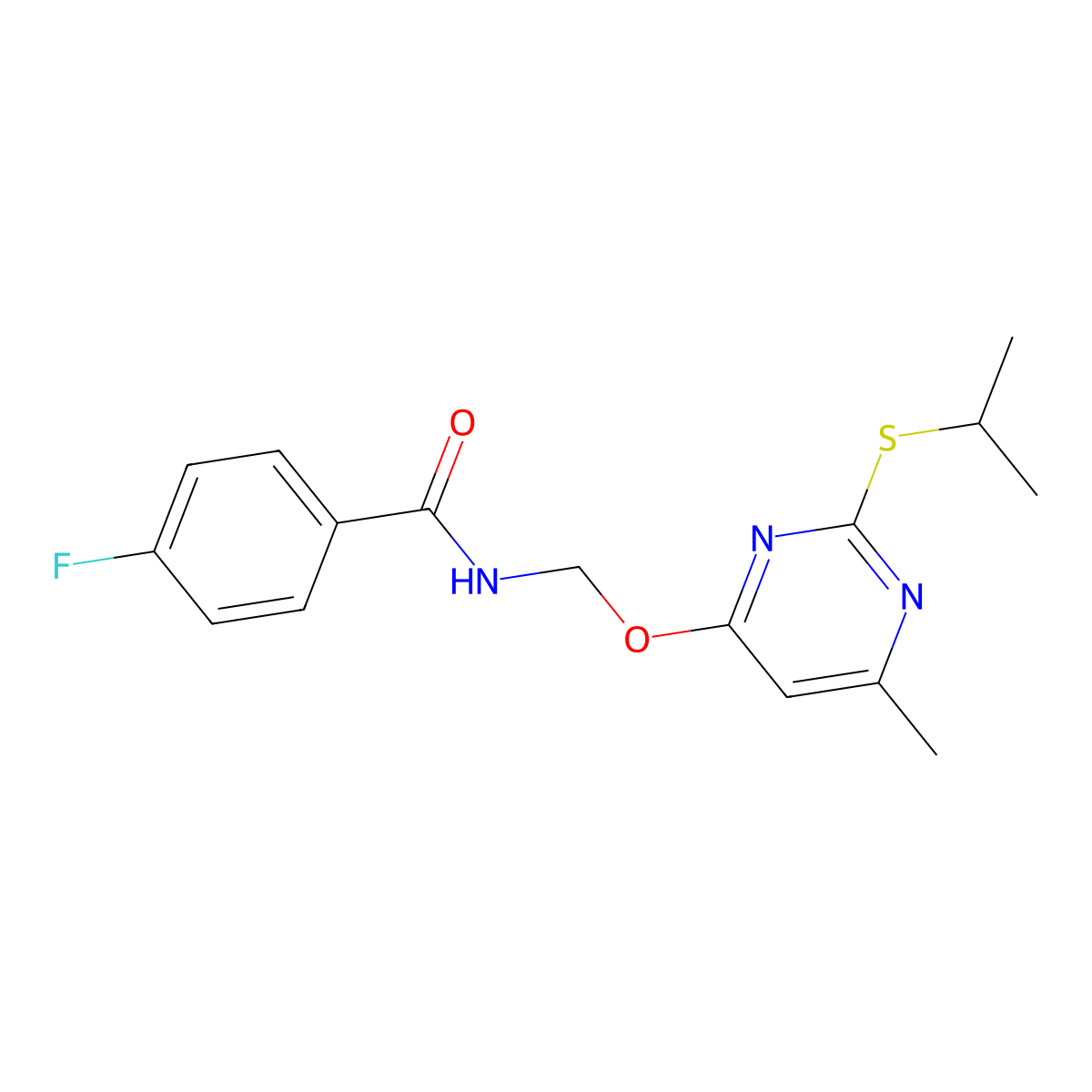 (4-fluorophenyl)-N-{[6-methyl-2-(methylethylthio)pyrimidin-4-yloxy]methyl}carb oxamide molecular structure, CAS 637321-94-9