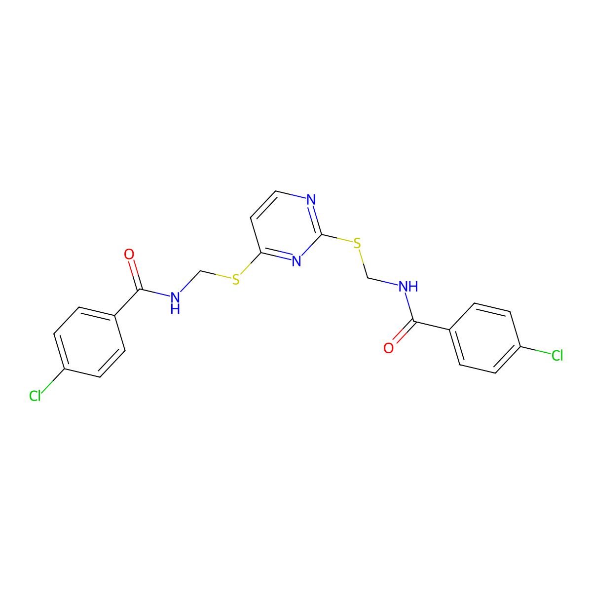 4-chloro-N-({[2-({[(4-chlorophenyl)formamido]methyl}sulfanyl)pyrimidin-4-yl]sulfanyl}methyl)benzamide molecular structure, CAS 637322-01-1