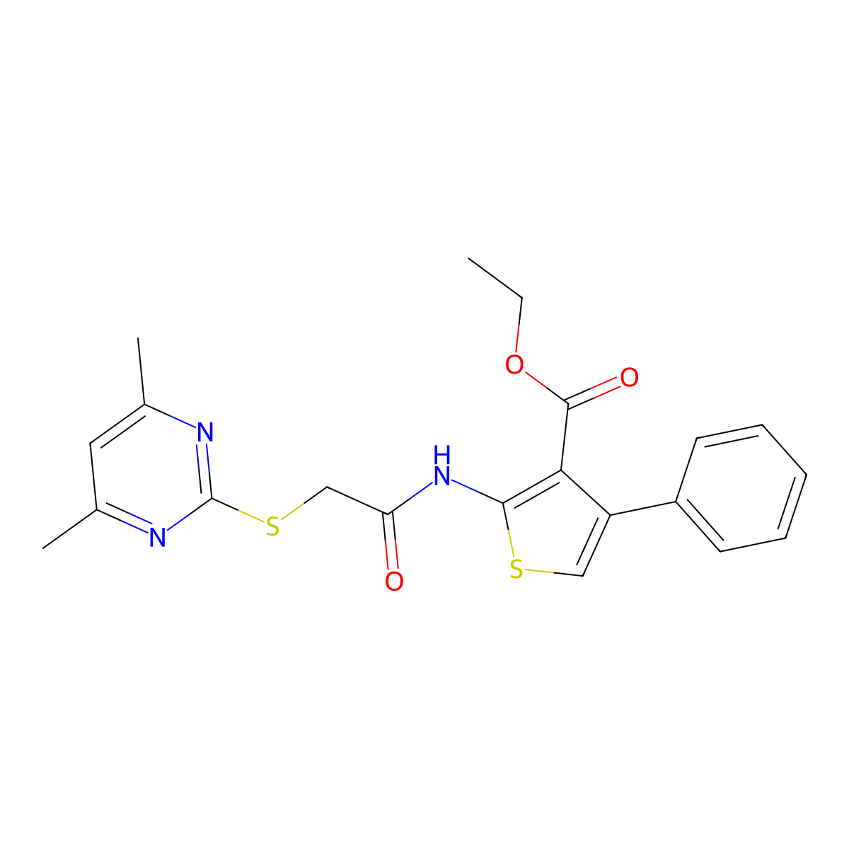 Ethyl 2-({[(4,6-dimethyl-2-pyrimidinyl)thio]acetyl}amino)-4-phenyl-3-thiophenecarboxylate molecular structure, CAS 637322-31-7