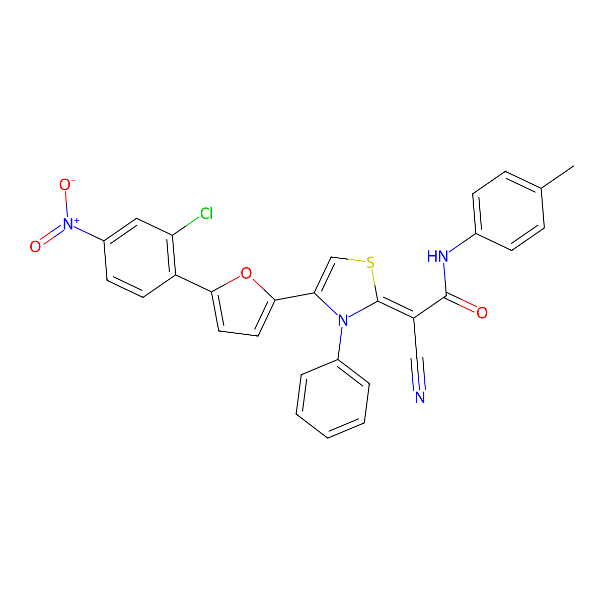 2-[4-[5-(2-Chloro-4-nitrophenyl)-2-furanyl]-3-phenyl-2(3H)-thiazolylidene]-2-cyano-N-(4-methylphenyl)acetamide molecular structure, CAS 637324-98-2