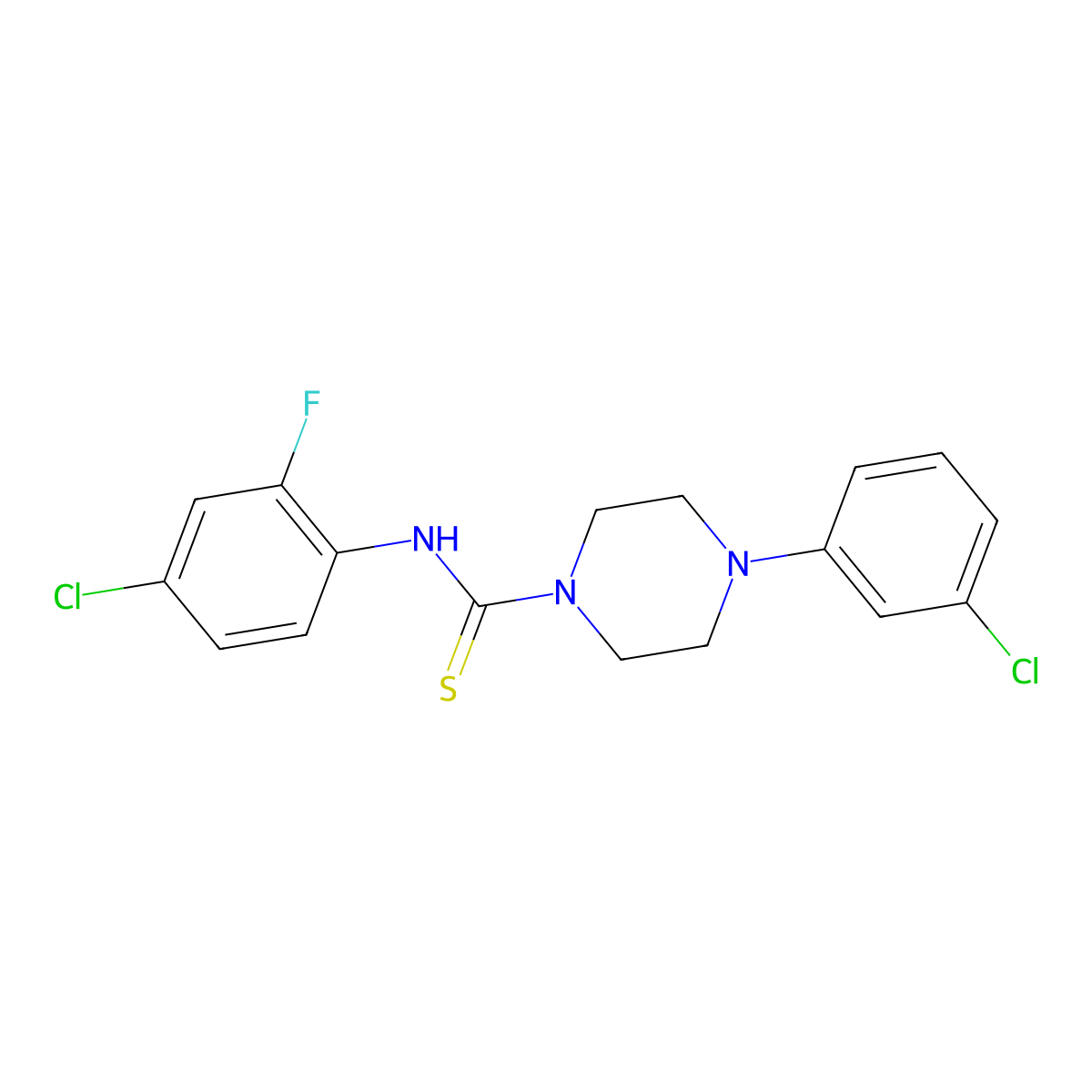 N-(4-chloro-2-fluorophenyl)-4-(3-chlorophenyl)piperazine-1-carbothioamide molecular structure, CAS 637325-44-1