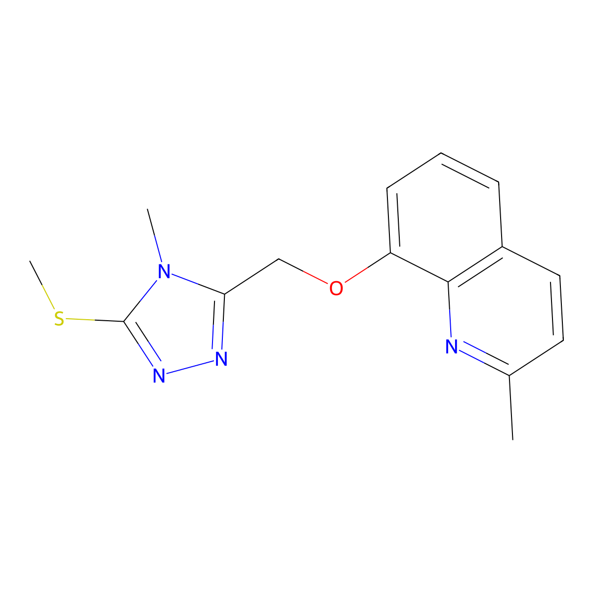 2-Methyl-8-[(4-methyl-5-methylsulfanyl-1,2,4-triazol-3-yl)methoxy]quinoline molecular structure, CAS 637325-78-1