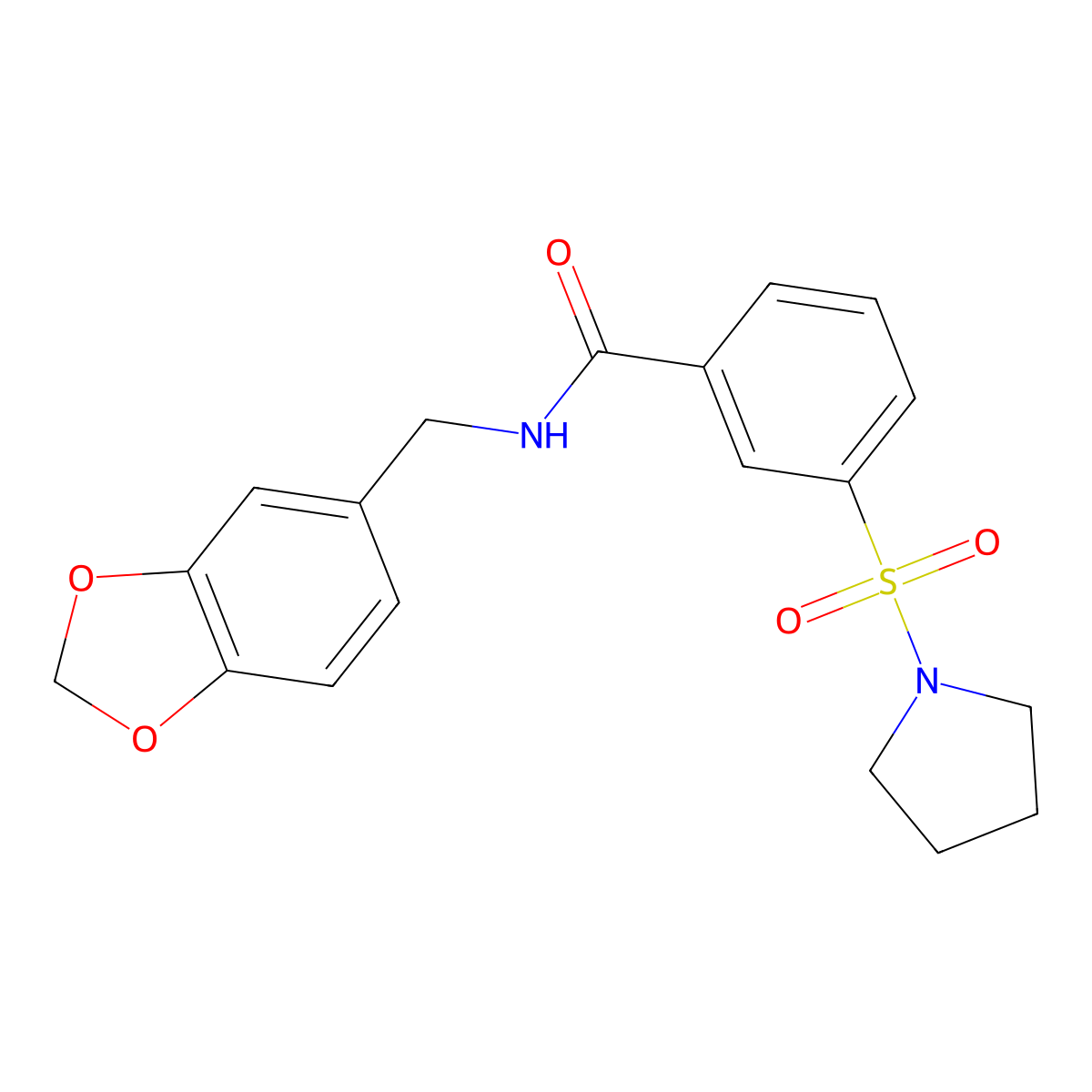 N-(1,3-benzodioxol-5-ylmethyl)-3-pyrrolidin-1-ylsulfonylbenzamide molecular structure, CAS 637326-03-5