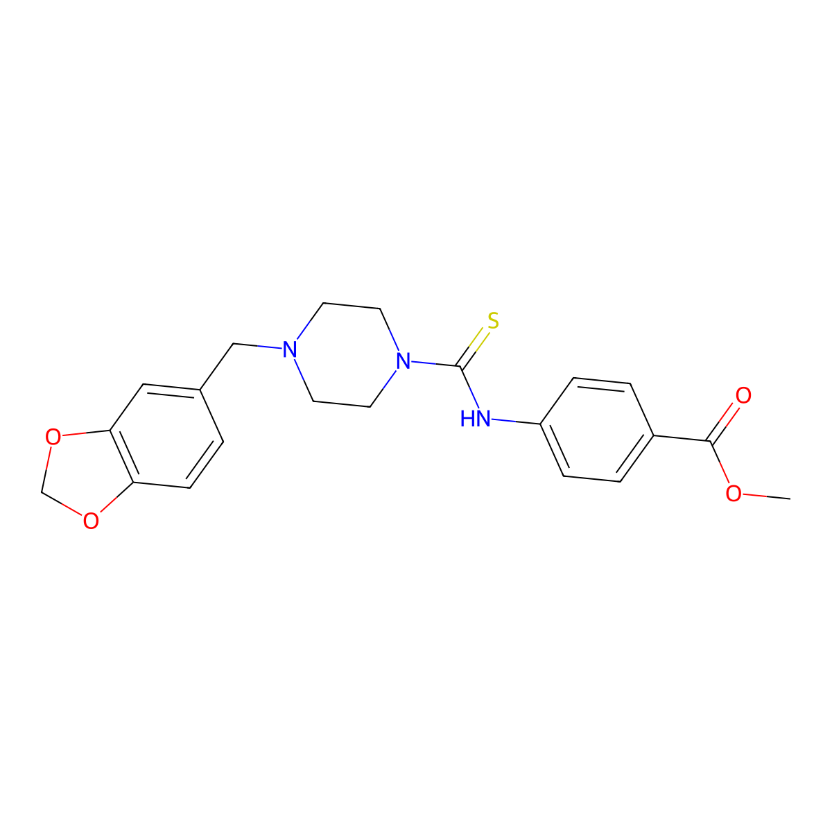 Methyl 4-({[4-(1,3-benzodioxol-5-ylmethyl)piperazin-1-yl]carbonothioyl}amino)benzoate molecular structure, CAS 637326-04-6