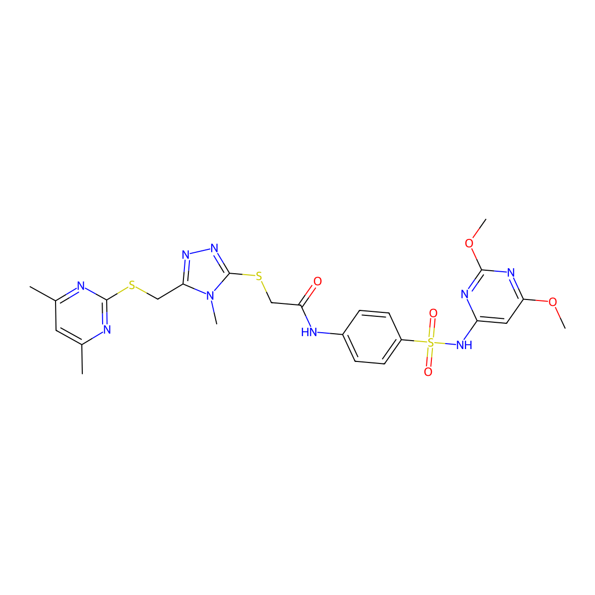 N-[4-[(2,6-dimethoxypyrimidin-4-yl)sulfamoyl]phenyl]-2-[[5-[(4,6-dimethylpyrimidin-2-yl)sulfanylmethyl]-4-methyl-1,2,4-triazol-3-yl]sulfanyl]acetamide molecular structure, CAS 637326-87-5