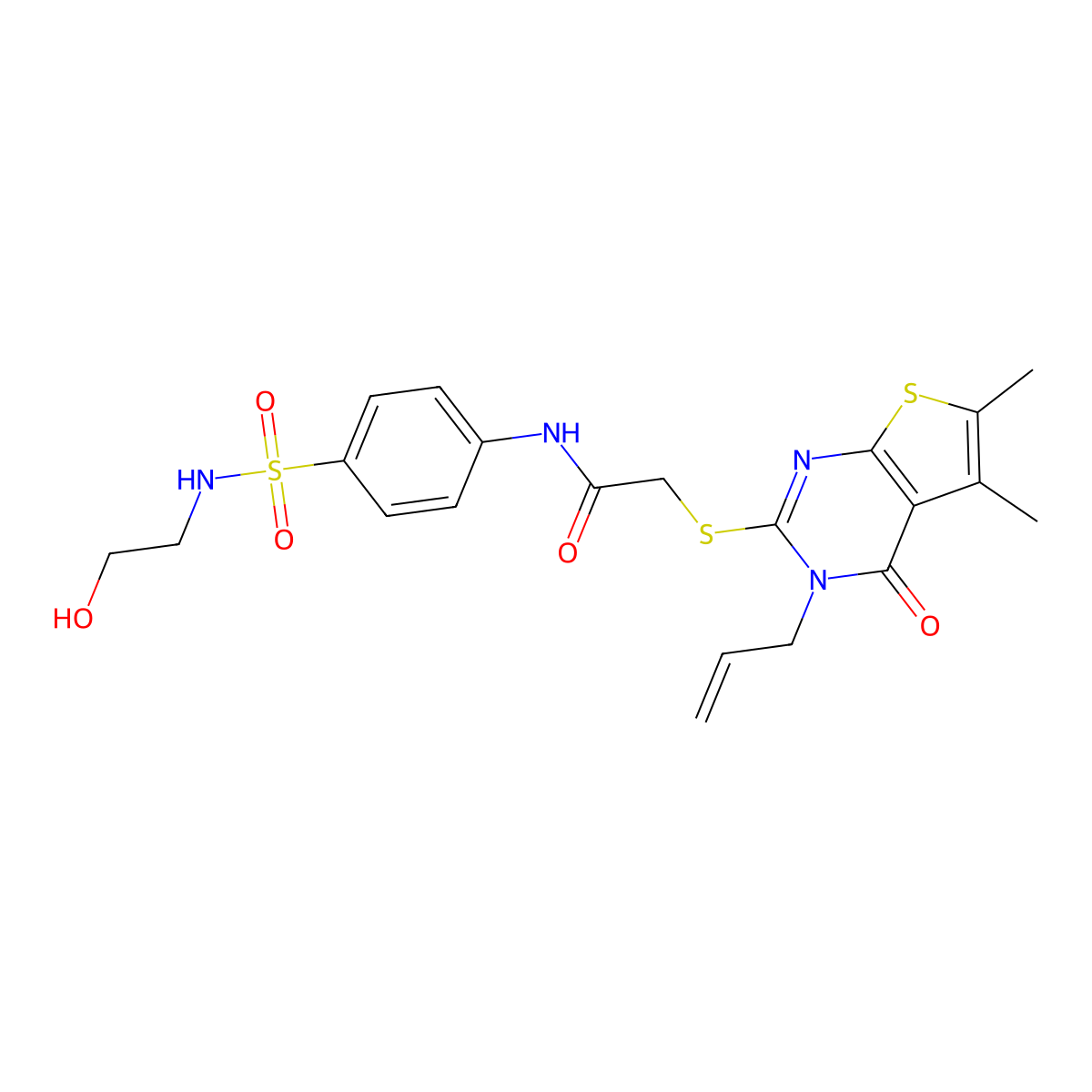 2-((3-allyl-5,6-dimethyl-4-oxo-3,4-dihydrothieno[2,3-d]pyrimidin-2-yl)thio)-N-(4-(N-(2-hydroxyethyl)sulfamoyl)phenyl)acetamide molecular structure, CAS 637326-94-4