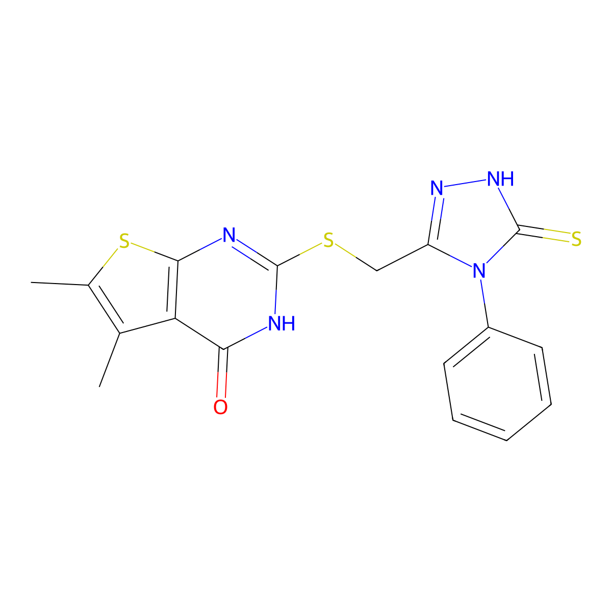 5,6-dimethyl-2-(((4-phenyl-5-thioxo-4,5-dihydro-1H-1,2,4-triazol-3-yl)methyl)thio)thieno[2,3-d]pyrimidin-4(3H)-one molecular structure, CAS 637326-96-6