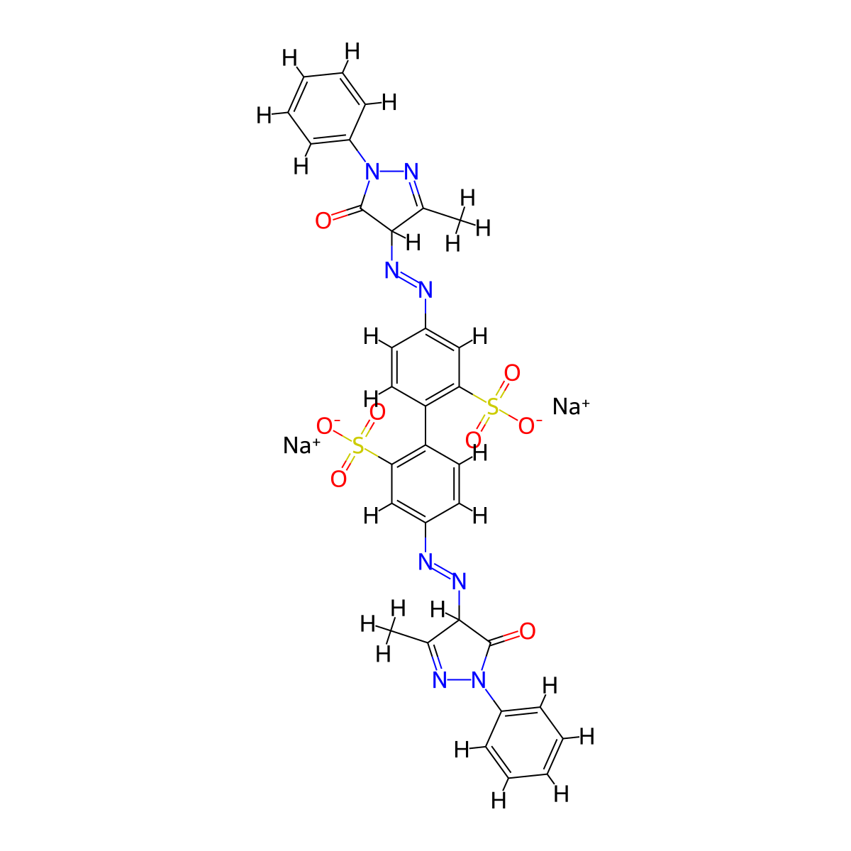 Disodium 4,4'-bis(5-hydroxy-3-methyl-1-phenyl-1H-pyrazol-4-ylazo)-1,1'-biphenyl-2,6'-disulphonate molecular structure, CAS 6375-55-9
