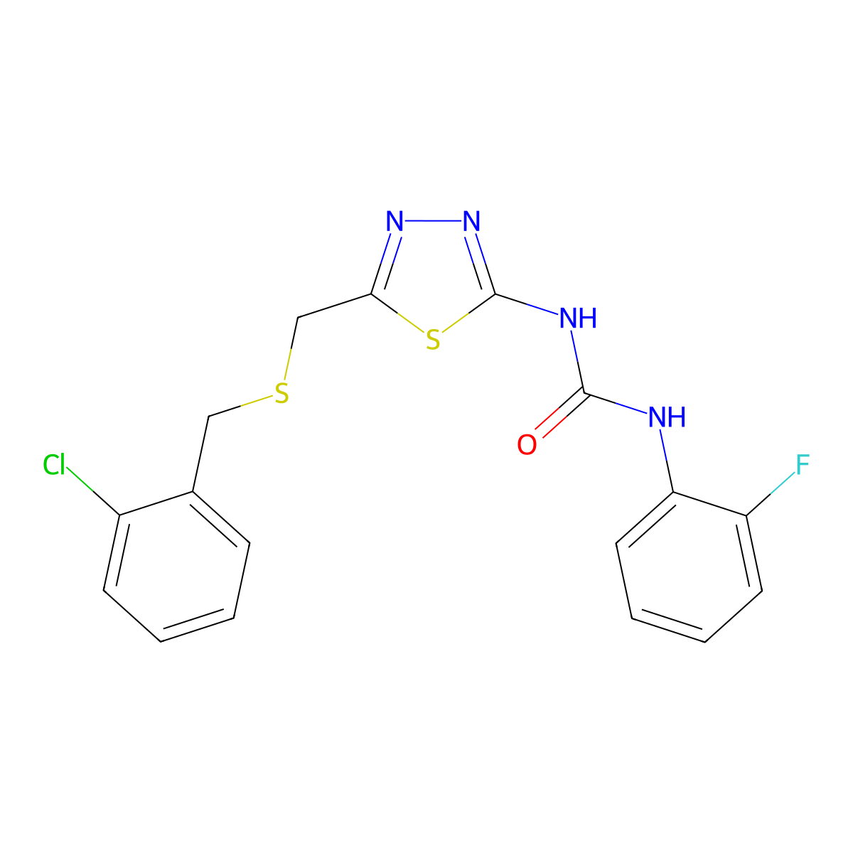 1-(5-{[(2-Chlorobenzyl)sulfanyl]methyl}-1,3,4-thiadiazol-2-yl)-3-(2-fluorophenyl)urea molecular structure, CAS 6377-68-0
