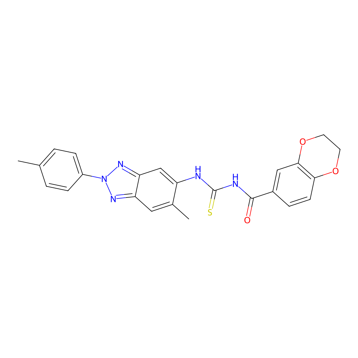 N-[[6-methyl-2-(4-methylphenyl)benzotriazol-5-yl]carbamothioyl]-2,3-dihydro-1,4-benzodioxine-6-carboxamide molecular structure, CAS 637727-49-2