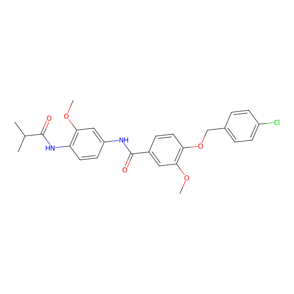 4-[(4-chlorophenyl)methoxy]-3-methoxy-N-[3-methoxy-4-(2-methylpropanoylamino)phenyl]benzamide molecular structure, CAS 637734-44-2