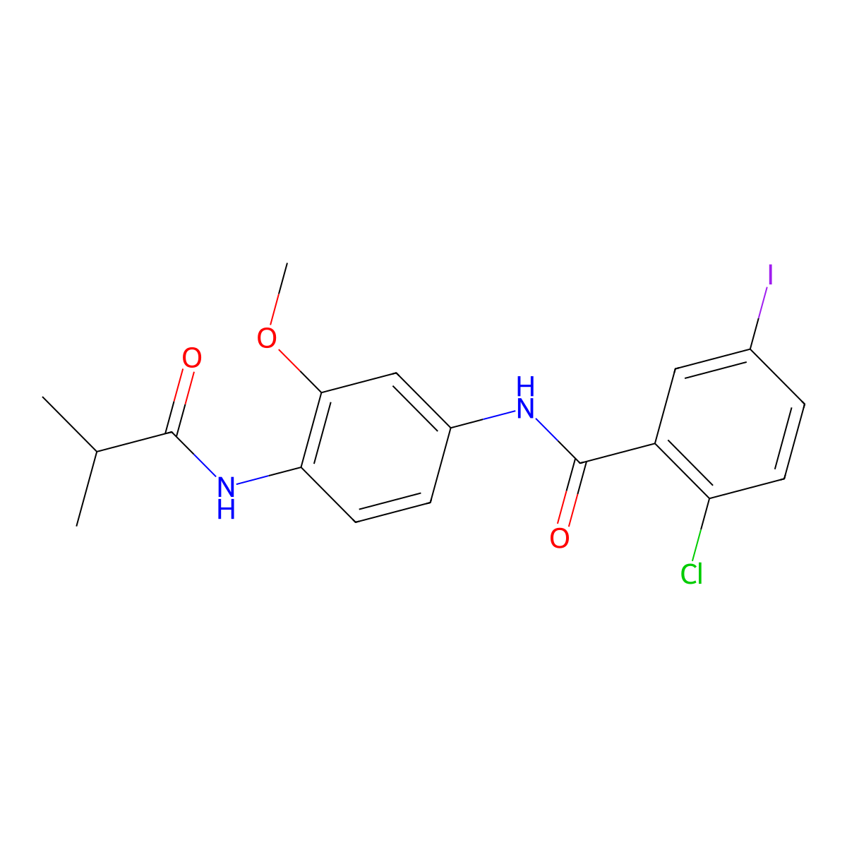 2-chloro-5-iodo-N-[3-methoxy-4-(2-methylpropanoylamino)phenyl]benzamide molecular structure, CAS 637734-75-9