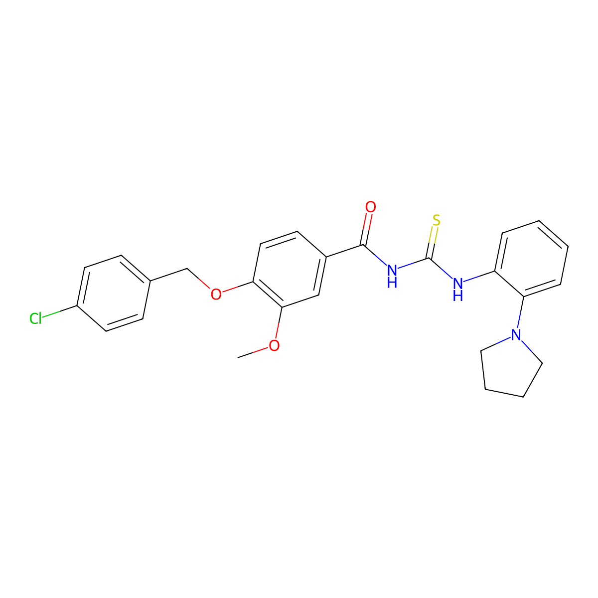 4-[(4-chlorophenyl)methoxy]-3-methoxy-N-[(2-pyrrolidin-1-ylphenyl)carbamothioyl]benzamide molecular structure, CAS 637738-02-4