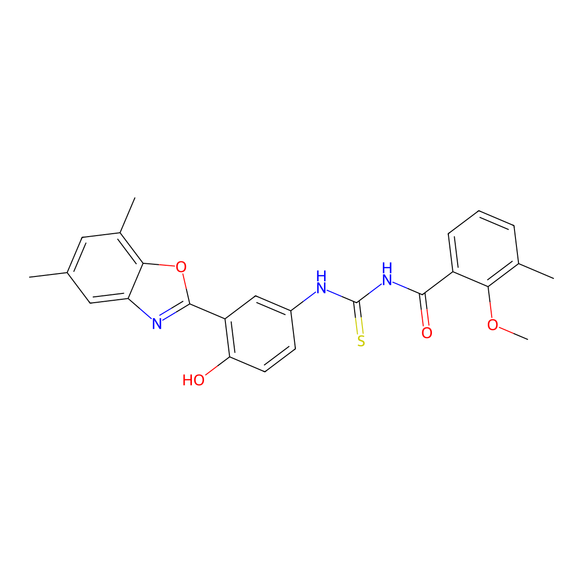 N-((3-(5,7-dimethylbenzo[d]oxazol-2-yl)-4-hydroxyphenyl)carbamothioyl)-2-methoxy-3-methylbenzamide molecular structure, CAS 637738-48-8
