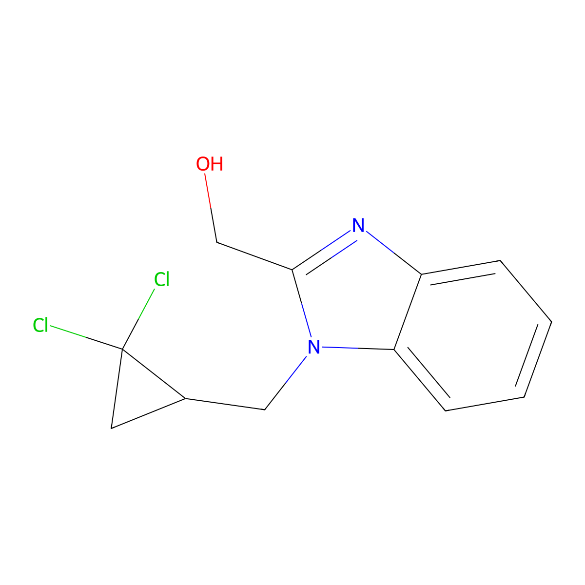 (1-((2,2-dichlorocyclopropyl)methyl)-1H-benzo[d]imidazol-2-yl)methanol molecular structure, CAS 637745-67-6