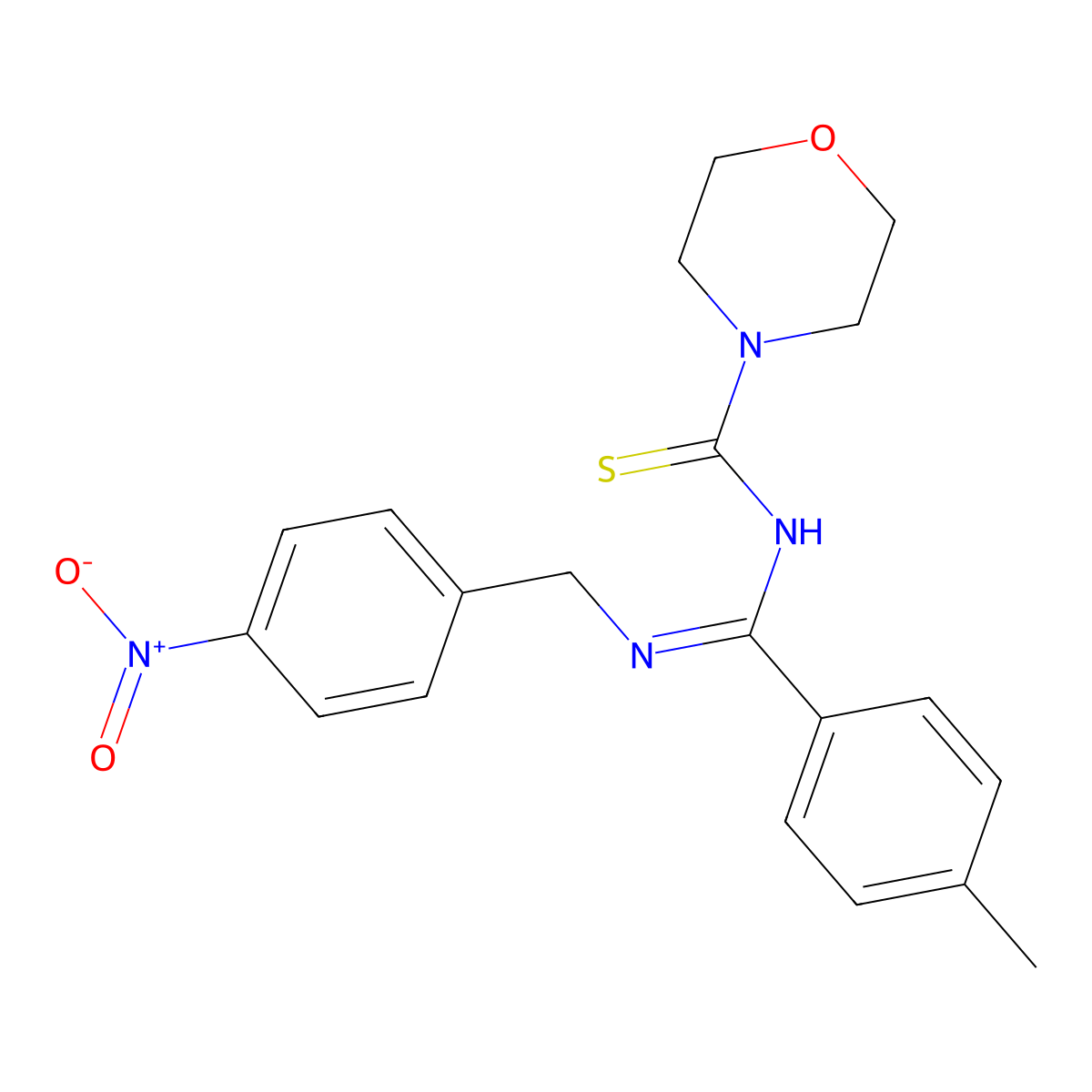 (E)-N-(((4-nitrobenzyl)imino)(p-tolyl)methyl)morpholine-4-carbothioamide molecular structure, CAS 637746-27-1