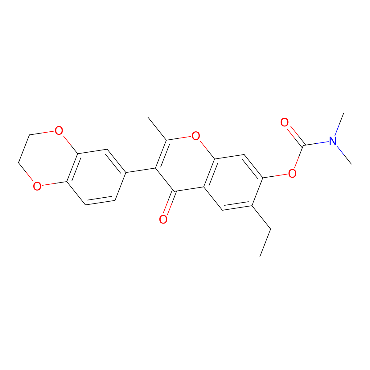 3-(2,3-dihydrobenzo[b][1,4]dioxin-6-yl)-6-ethyl-2-methyl-4-oxo-4H-chromen-7-yl dimethylcarbamate molecular structure, CAS 637747-02-5