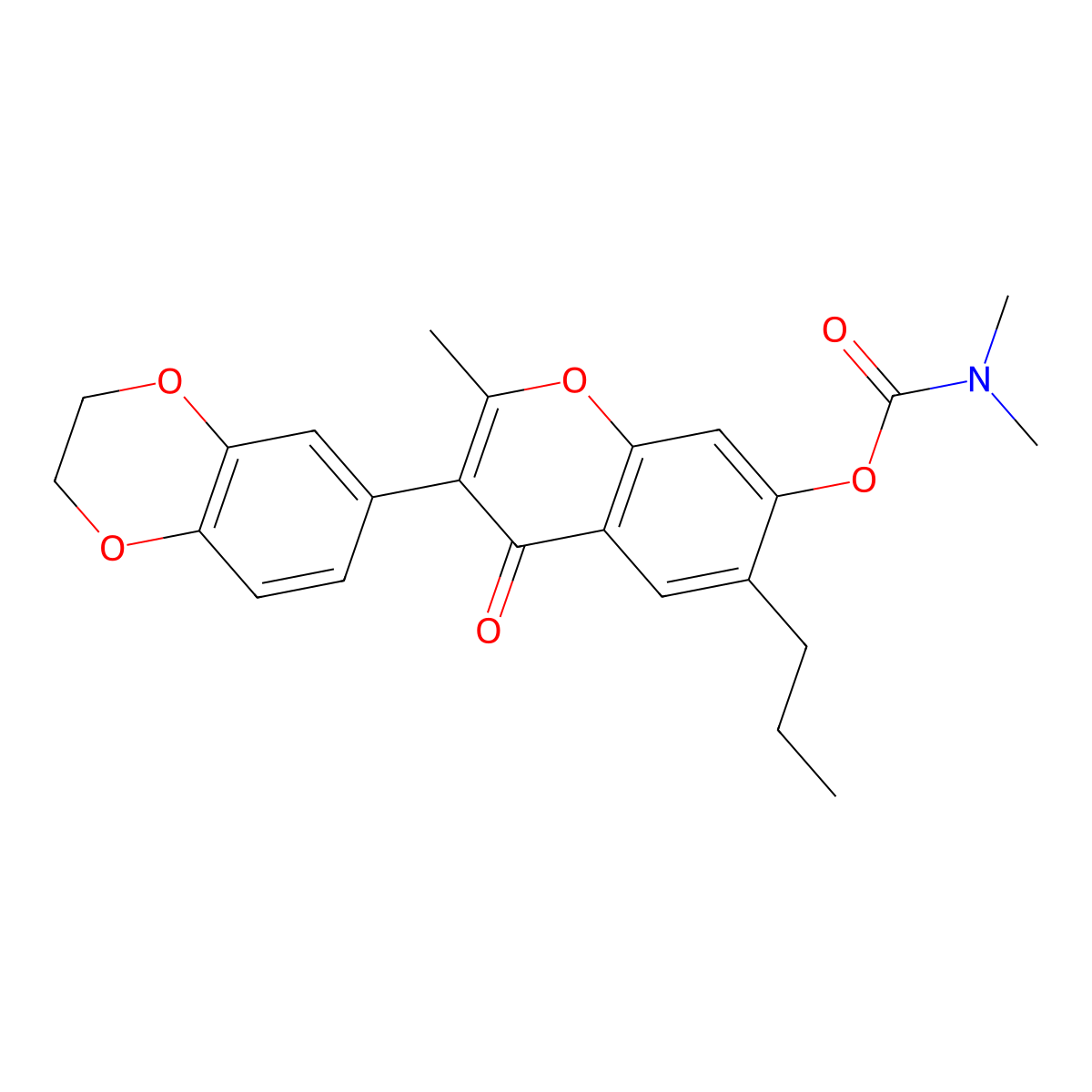 3-(2,3-dihydrobenzo[b][1,4]dioxin-6-yl)-2-methyl-4-oxo-6-propyl-4H-chromen-7-yl dimethylcarbamate molecular structure, CAS 637747-03-6
