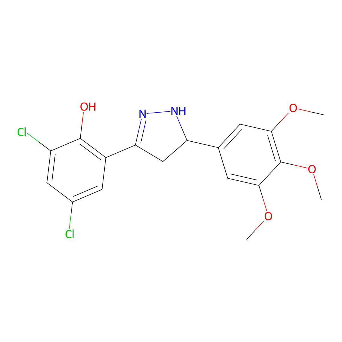 2,4-dichloro-6-[5-(3,4,5-trimethoxyphenyl)-4,5-dihydro-1H-pyrazol-3-yl]phenol molecular structure, CAS 637747-09-2