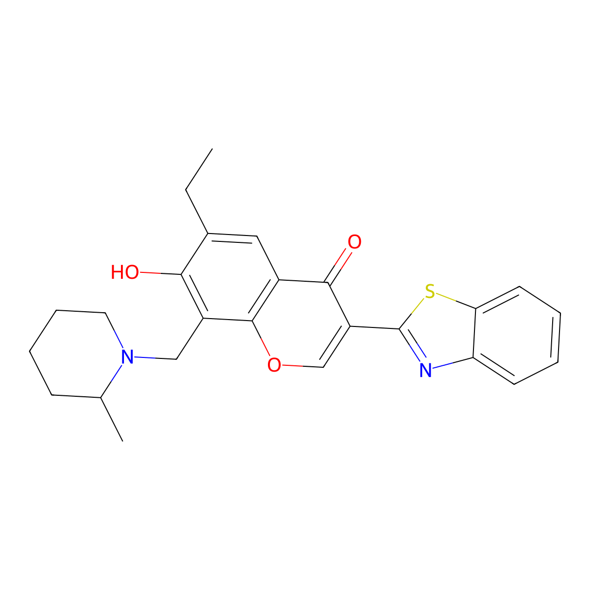 3-(benzo[d]thiazol-2-yl)-6-ethyl-7-hydroxy-8-((2-methylpiperidin-1-yl)methyl)-4H-chromen-4-one molecular structure, CAS 637747-34-3
