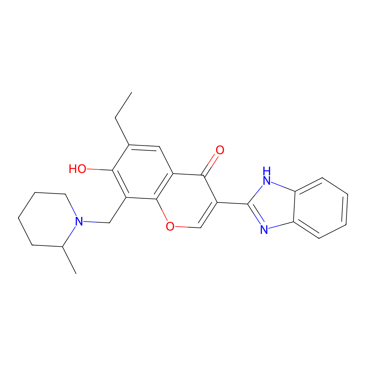 3-(1H-benzimidazol-2-yl)-6-ethyl-7-hydroxy-8-[(2-methylpiperidin-1-yl)methyl]-4H-chromen-4-one molecular structure, CAS 637747-35-4