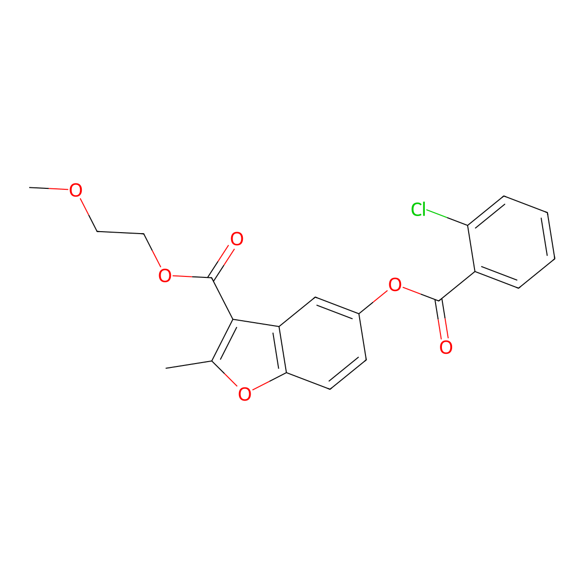 2-Methoxyethyl 5-((2-chlorobenzoyl)oxy)-2-methylbenzofuran-3-carboxylate molecular structure, CAS 637747-44-5