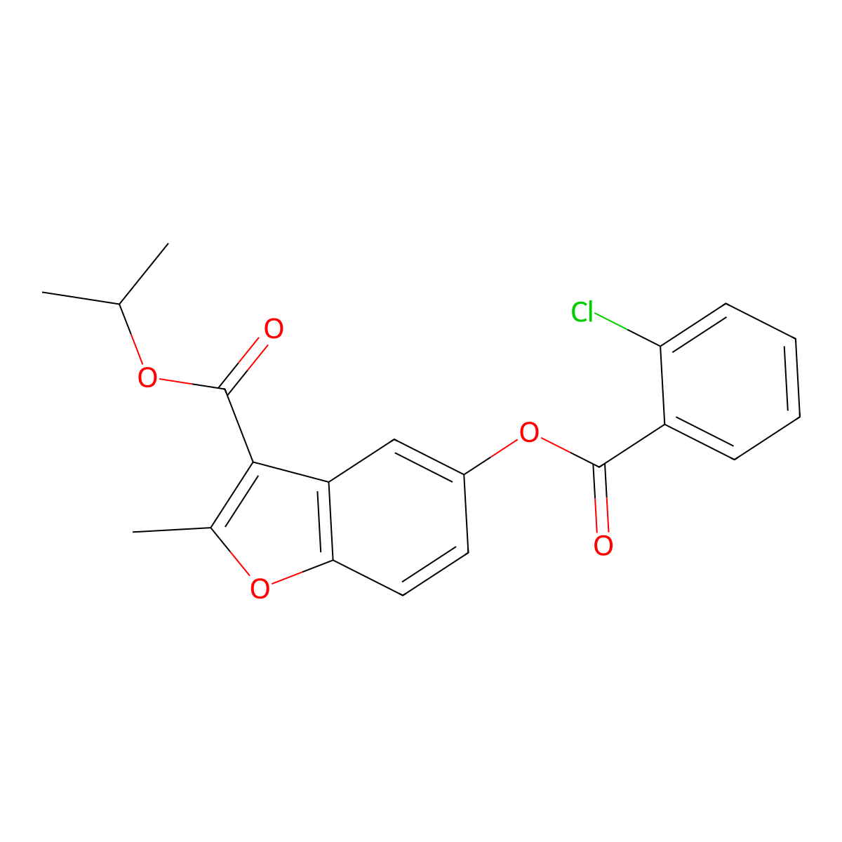 Isopropyl 5-((2-chlorobenzoyl)oxy)-2-methylbenzofuran-3-carboxylate molecular structure, CAS 637747-47-8