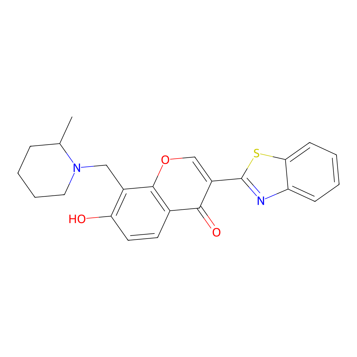 3-Benzothiazol-2-yl-7-hydroxy-8-(2-methyl-piperidin-1-ylmethyl)-chromen-4-one molecular structure, CAS 637747-57-0