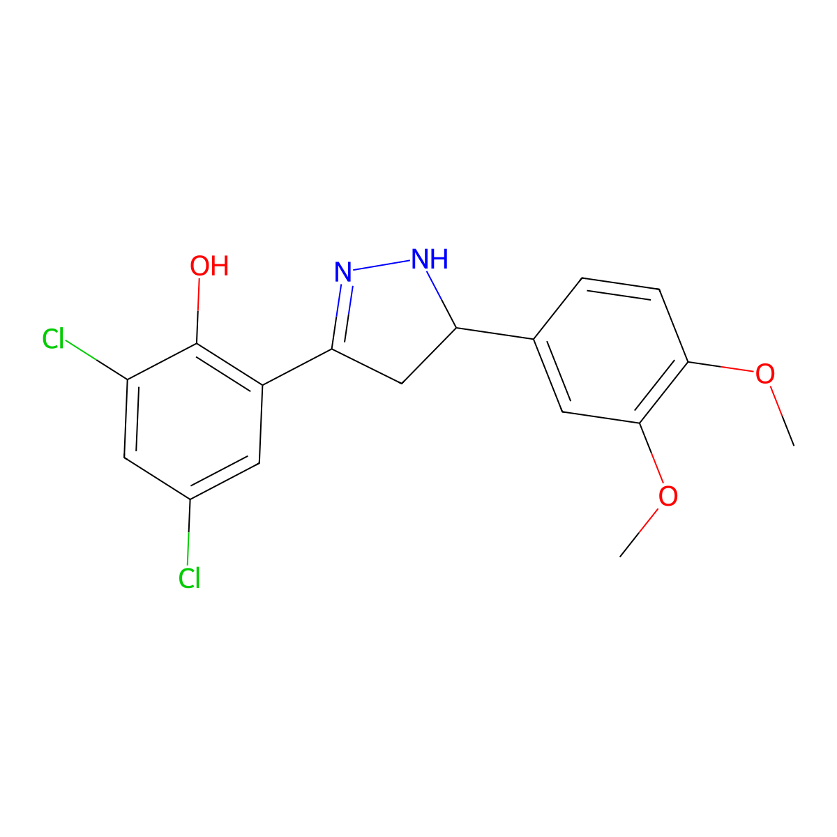 2,4-dichloro-6-[5-(3,4-dimethoxyphenyl)-4,5-dihydro-1H-pyrazol-3-yl]phenol molecular structure, CAS 637747-80-9