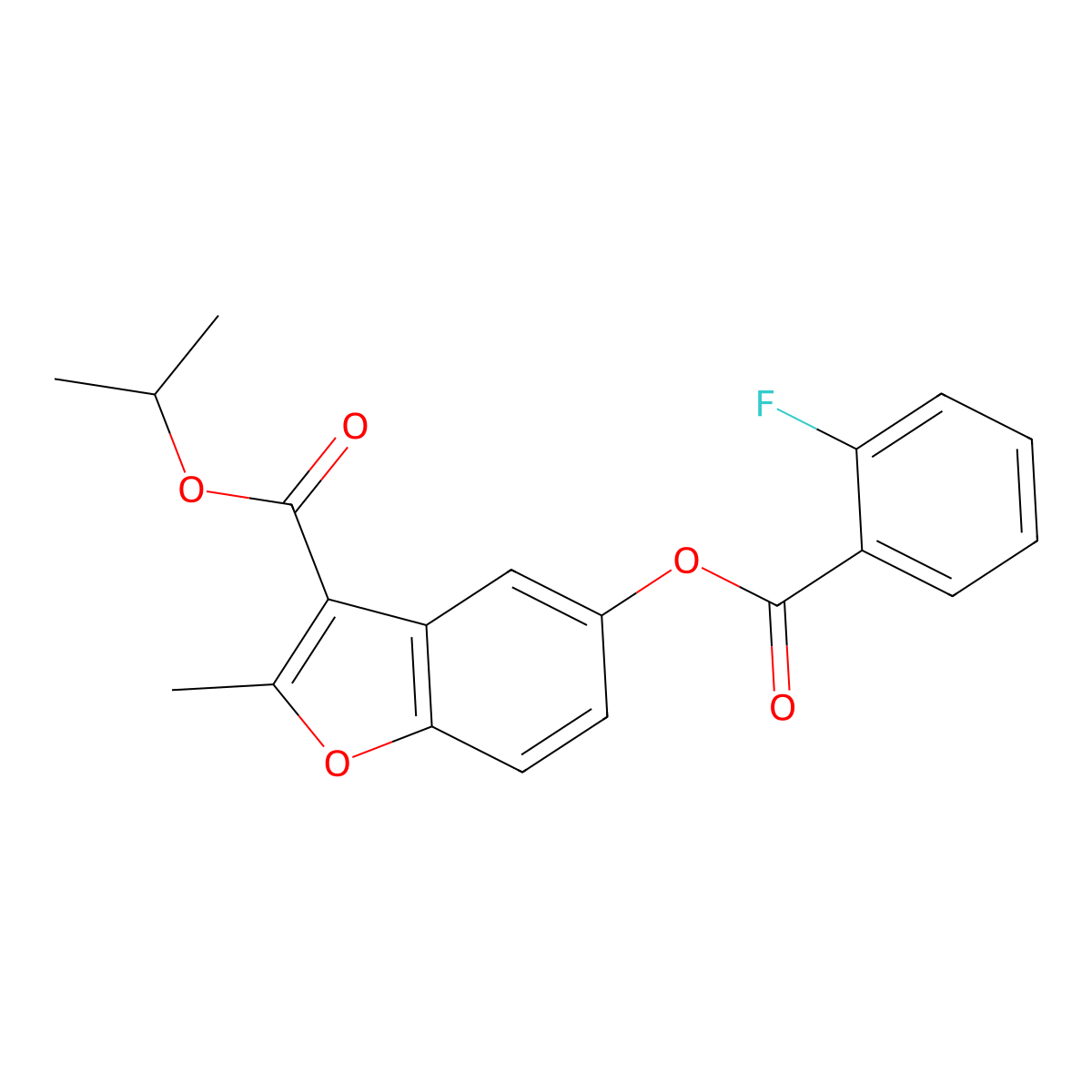 Isopropyl 5-((2-fluorobenzoyl)oxy)-2-methylbenzofuran-3-carboxylate molecular structure, CAS 637748-98-2