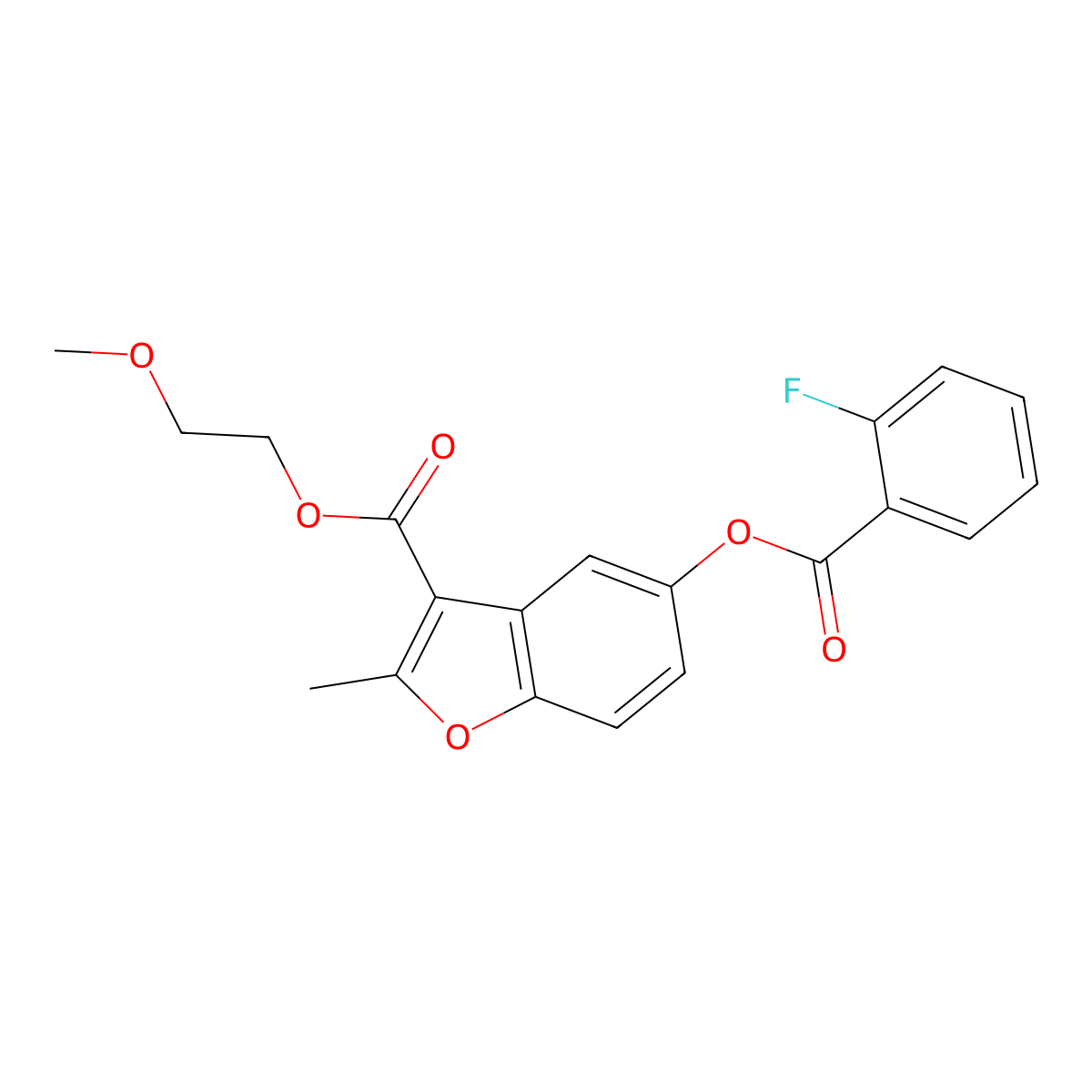 2-Methoxyethyl 5-((2-fluorobenzoyl)oxy)-2-methylbenzofuran-3-carboxylate molecular structure, CAS 637748-99-3