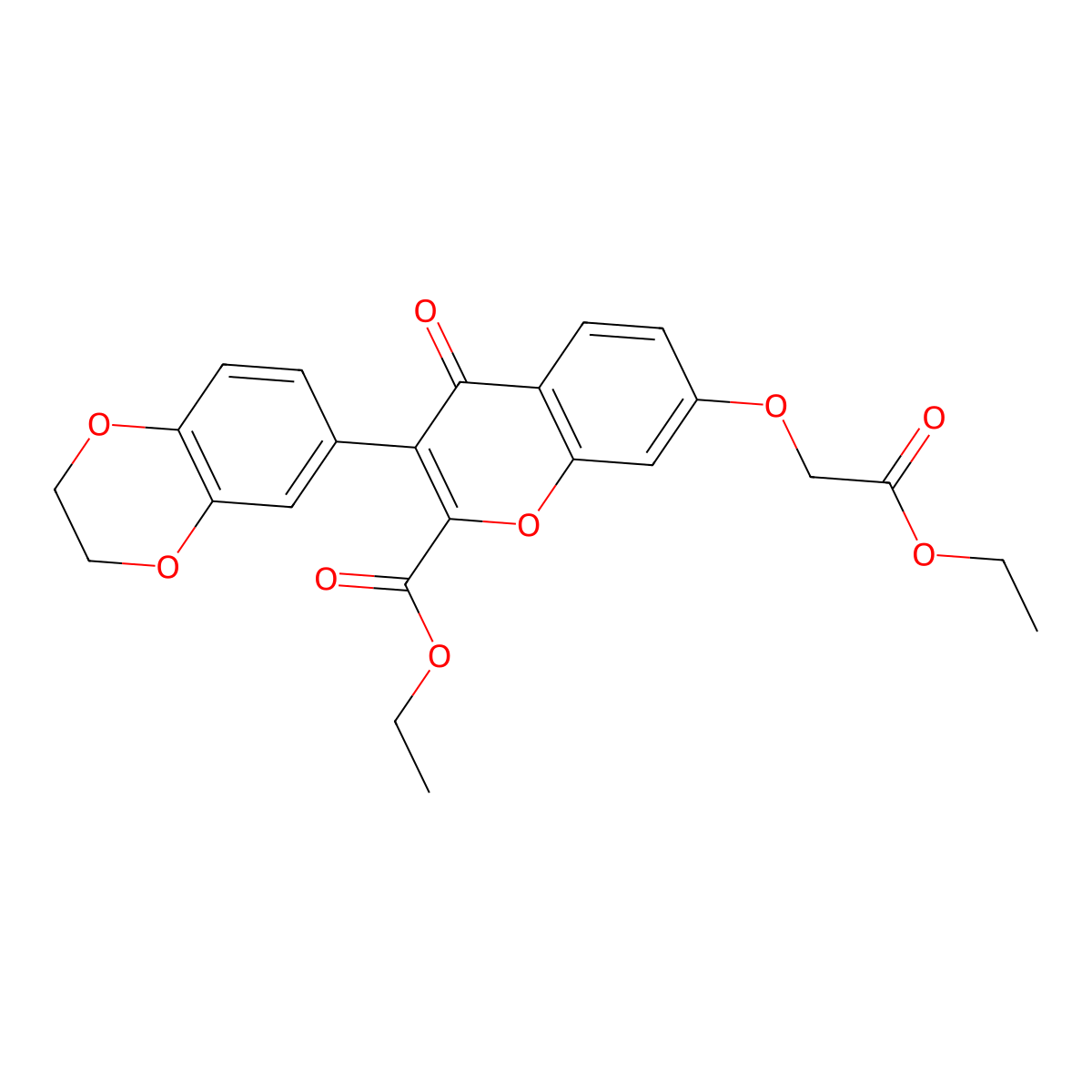 Ethyl 3-(2,3-dihydro-1,4-benzodioxin-6-yl)-7-(2-ethoxy-2-oxoethoxy)-4-oxochromene-2-carboxylate molecular structure, CAS 637749-13-4