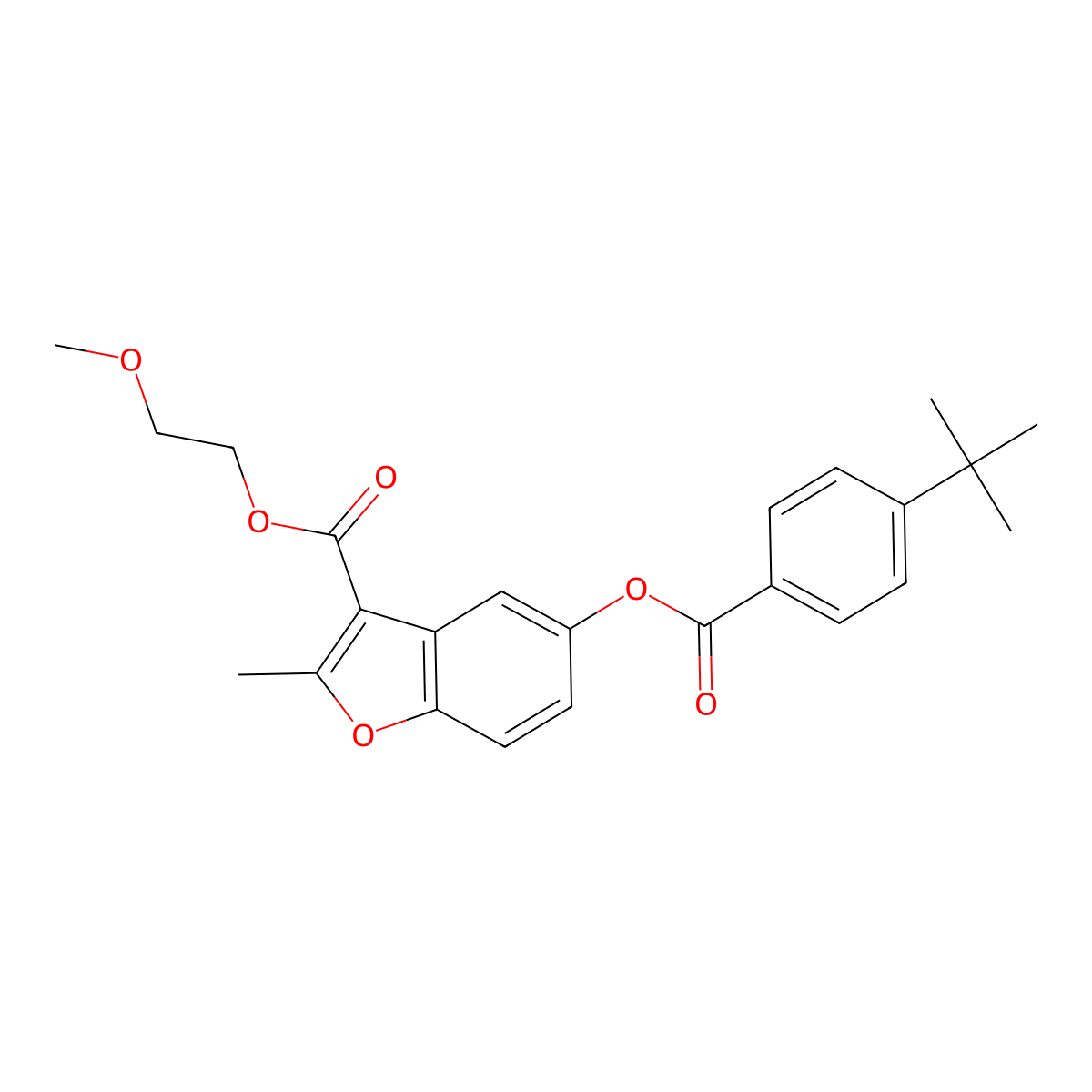 2-Methoxyethyl 5-((4-(tert-butyl)benzoyl)oxy)-2-methylbenzofuran-3-carboxylate molecular structure, CAS 637749-47-4