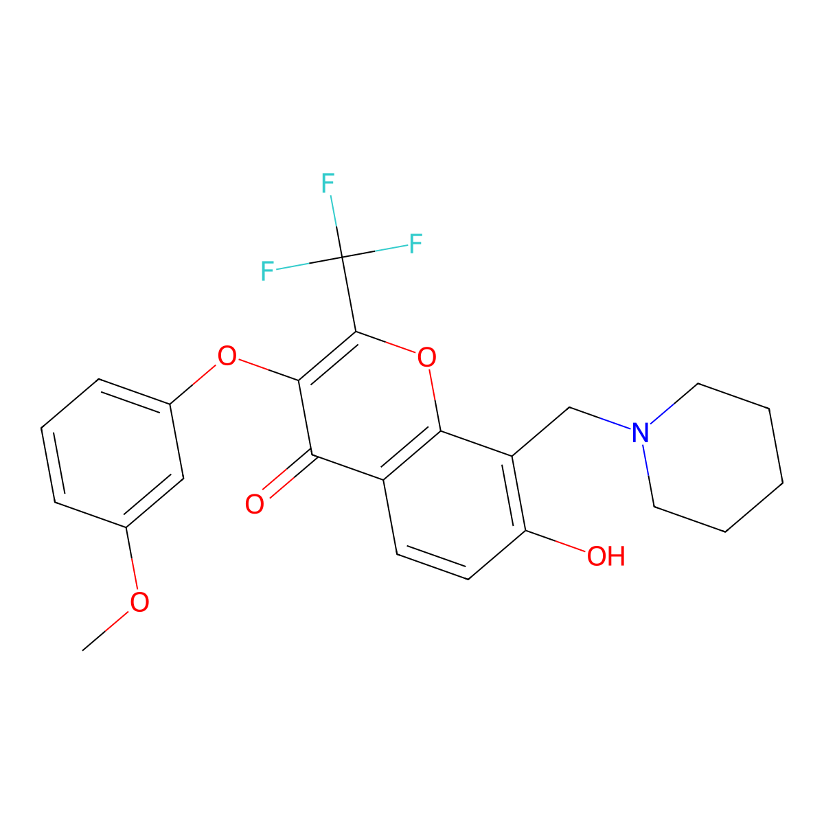 7-Hydroxy-3-(3-methoxyphenoxy)-8-(piperidin-1-ylmethyl)-2-(trifluoromethyl)chromen-4-one molecular structure, CAS 637751-89-4