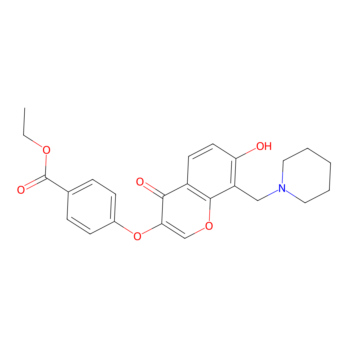 Ethyl 4-[7-hydroxy-4-oxo-8-(piperidylmethyl)chromen-3-yloxy]benzoate molecular structure, CAS 637751-92-9