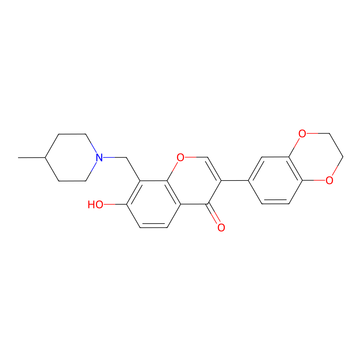 3-(2,3-dihydro-1,4-benzodioxin-6-yl)-7-hydroxy-8-[(4-methyl-1-piperidinyl)methyl]-4H-chromen-4-one molecular structure, CAS 637751-97-4