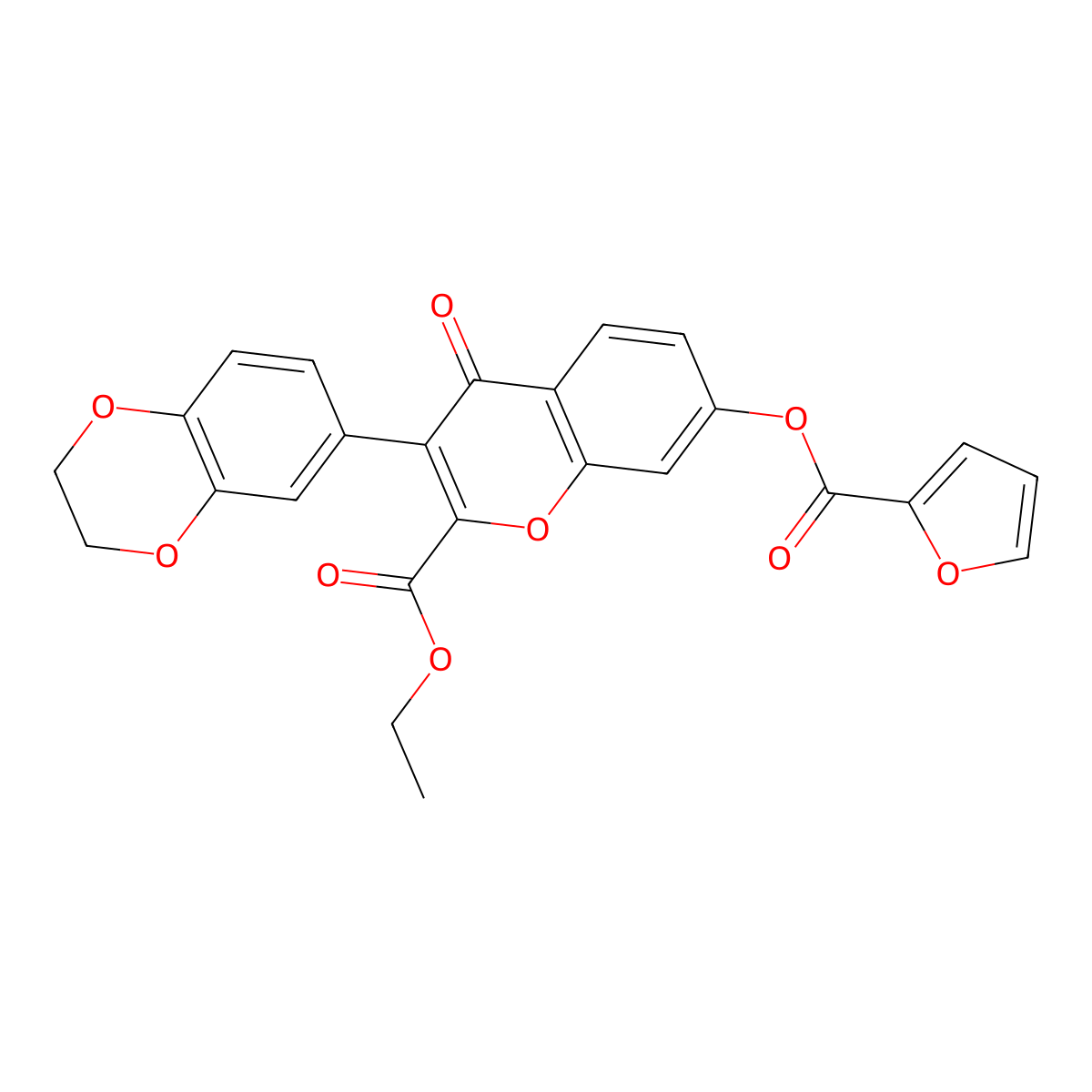 Ethyl 3-(2,3-dihydro-1,4-benzodioxin-6-yl)-7-(furan-2-carbonyloxy)-4-oxochromene-2-carboxylate molecular structure, CAS 637752-55-7