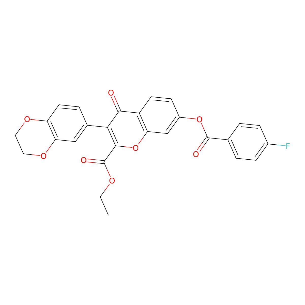 Ethyl 3-(2,3-dihydro-1,4-benzodioxin-6-yl)-7-(4-fluorobenzoyl)oxy-4-oxochromene-2-carboxylate molecular structure, CAS 637752-58-0