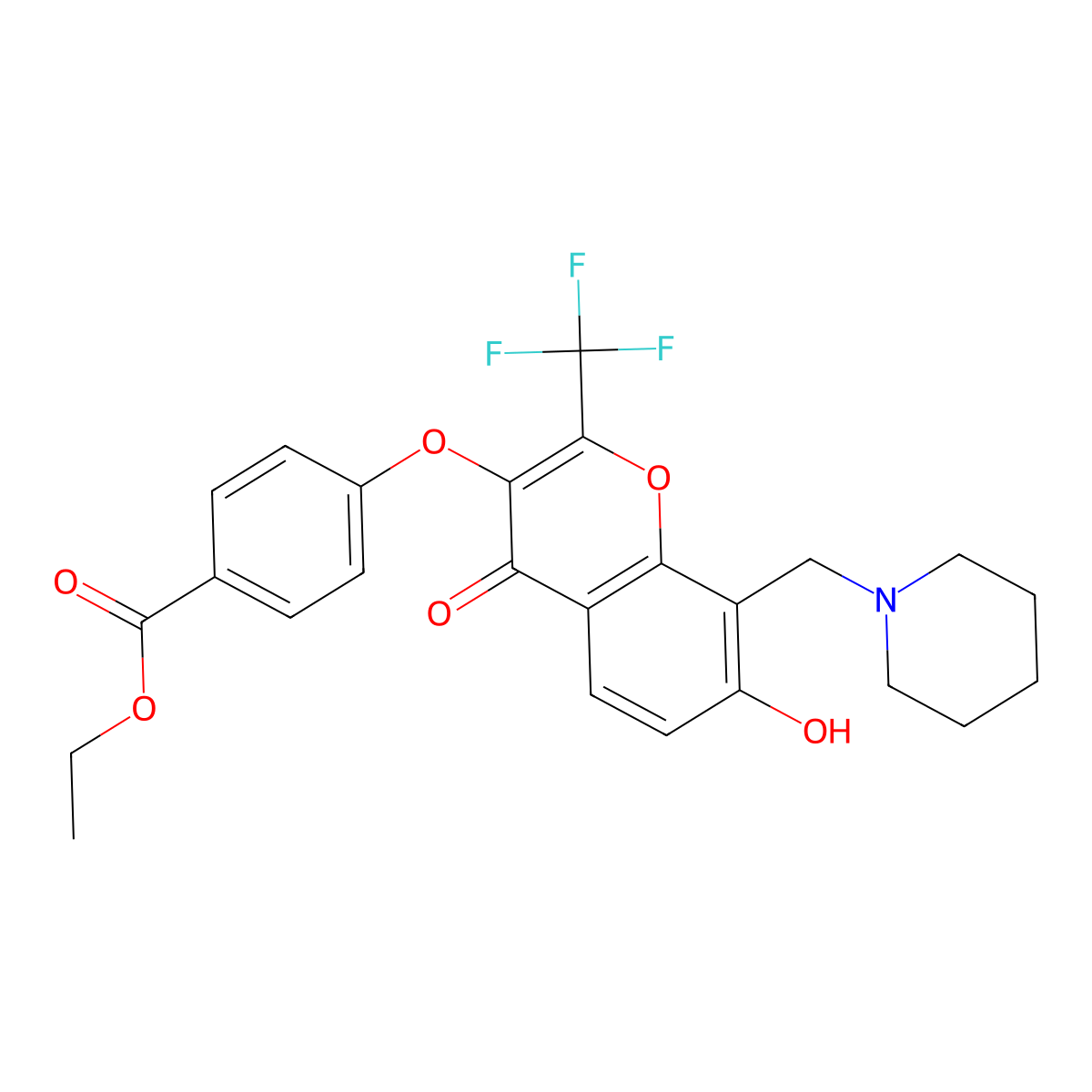 ethyl 4-((7-hydroxy-4-oxo-8-(piperidin-1-ylmethyl)-2-(trifluoromethyl)-4H-chromen-3-yl)oxy)benzoate molecular structure, CAS 637752-62-6