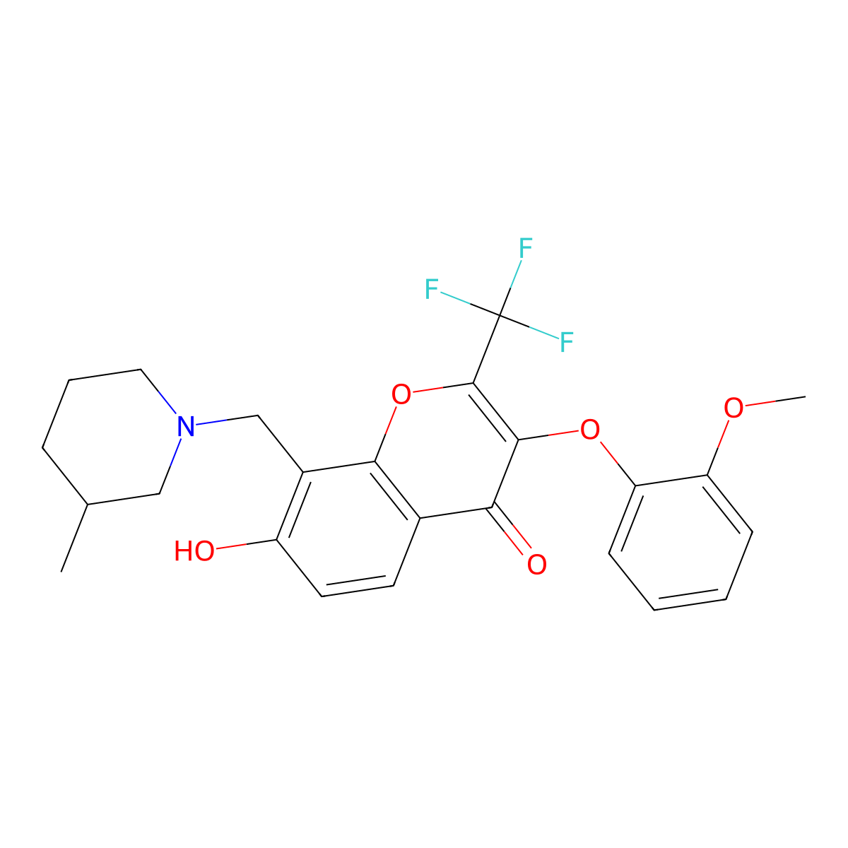 7-hydroxy-3-(2-methoxyphenoxy)-8-[(3-methylpiperidin-1-yl)methyl]-2-(trifluoromethyl)-4H-chromen-4-one molecular structure, CAS 637753-58-3