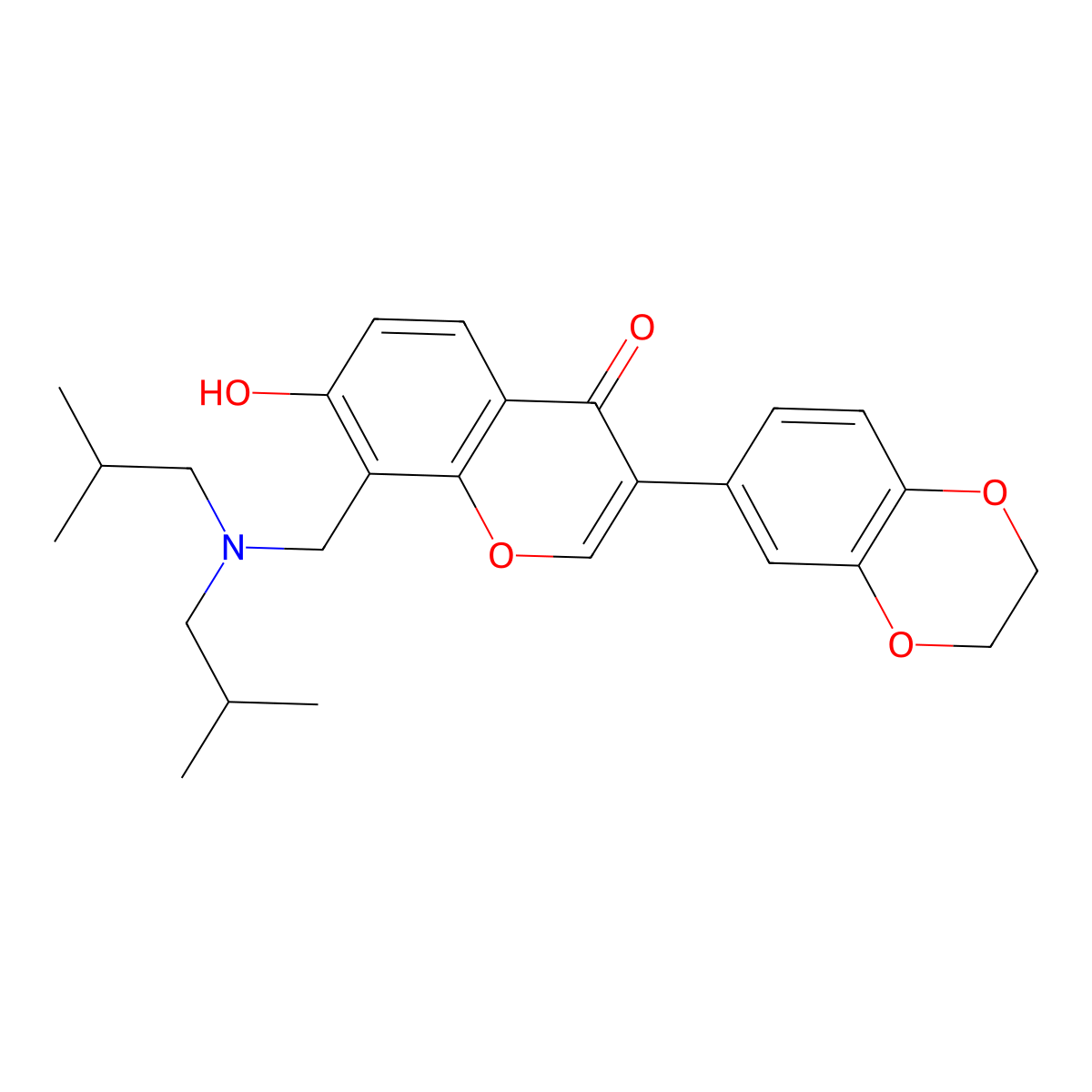 3-(2,3-dihydrobenzo[b][1,4]dioxin-6-yl)-8-((diisobutylamino)methyl)-7-hydroxy-4H-chromen-4-one molecular structure, CAS 637753-67-4