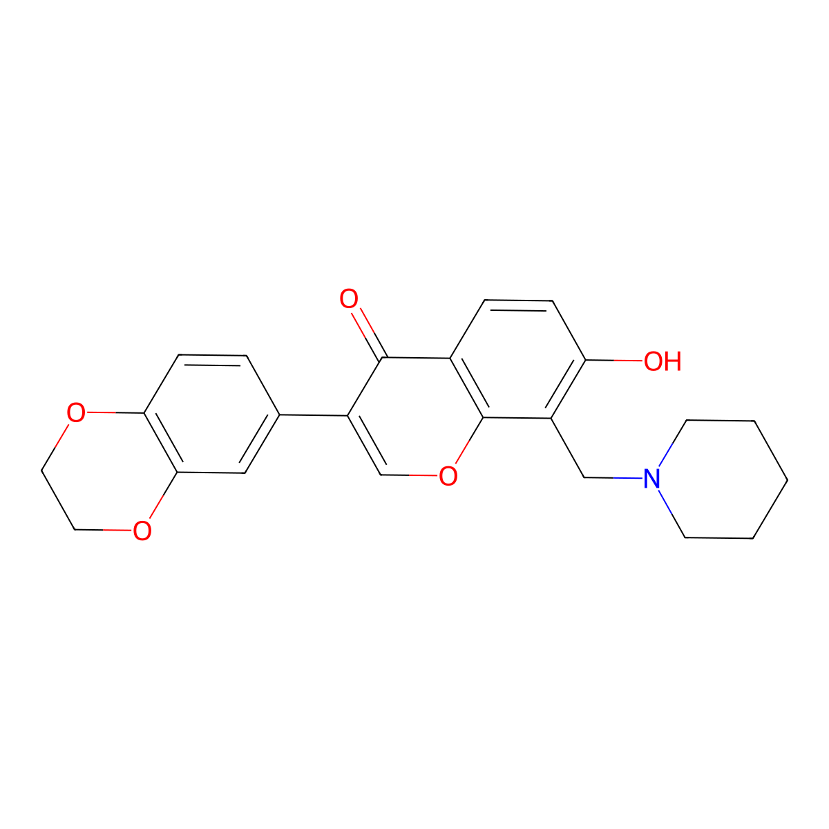 3-(2,3-dihydro-1,4-benzodioxin-6-yl)-7-hydroxy-8-(piperidin-1-ylmethyl)-4H-chromen-4-one molecular structure, CAS 637753-71-0