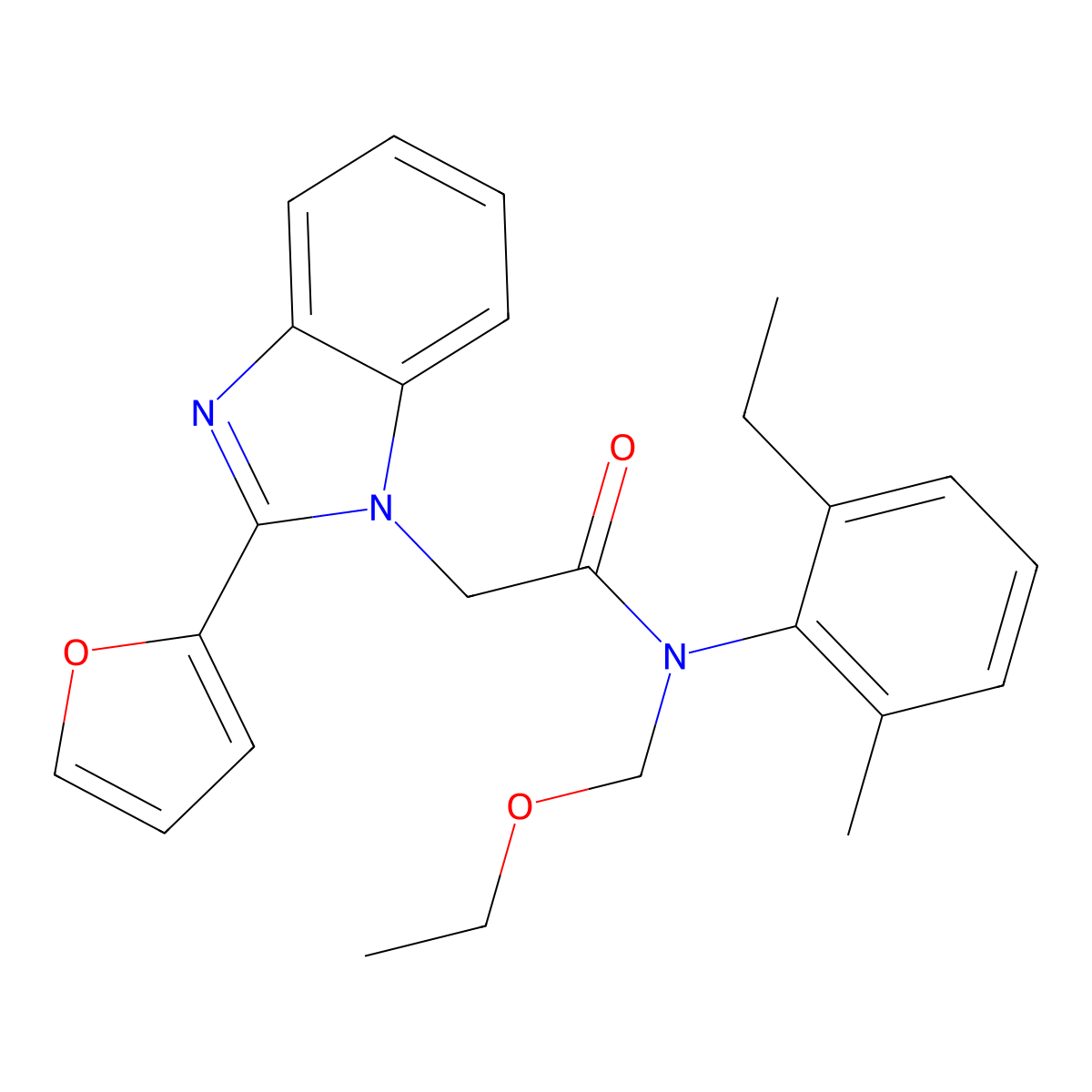 N-(ethoxymethyl)-N-(2-ethyl-6-methylphenyl)-2-[2-(furan-2-yl)benzimidazol-1-yl]acetamide molecular structure, CAS 637754-53-1
